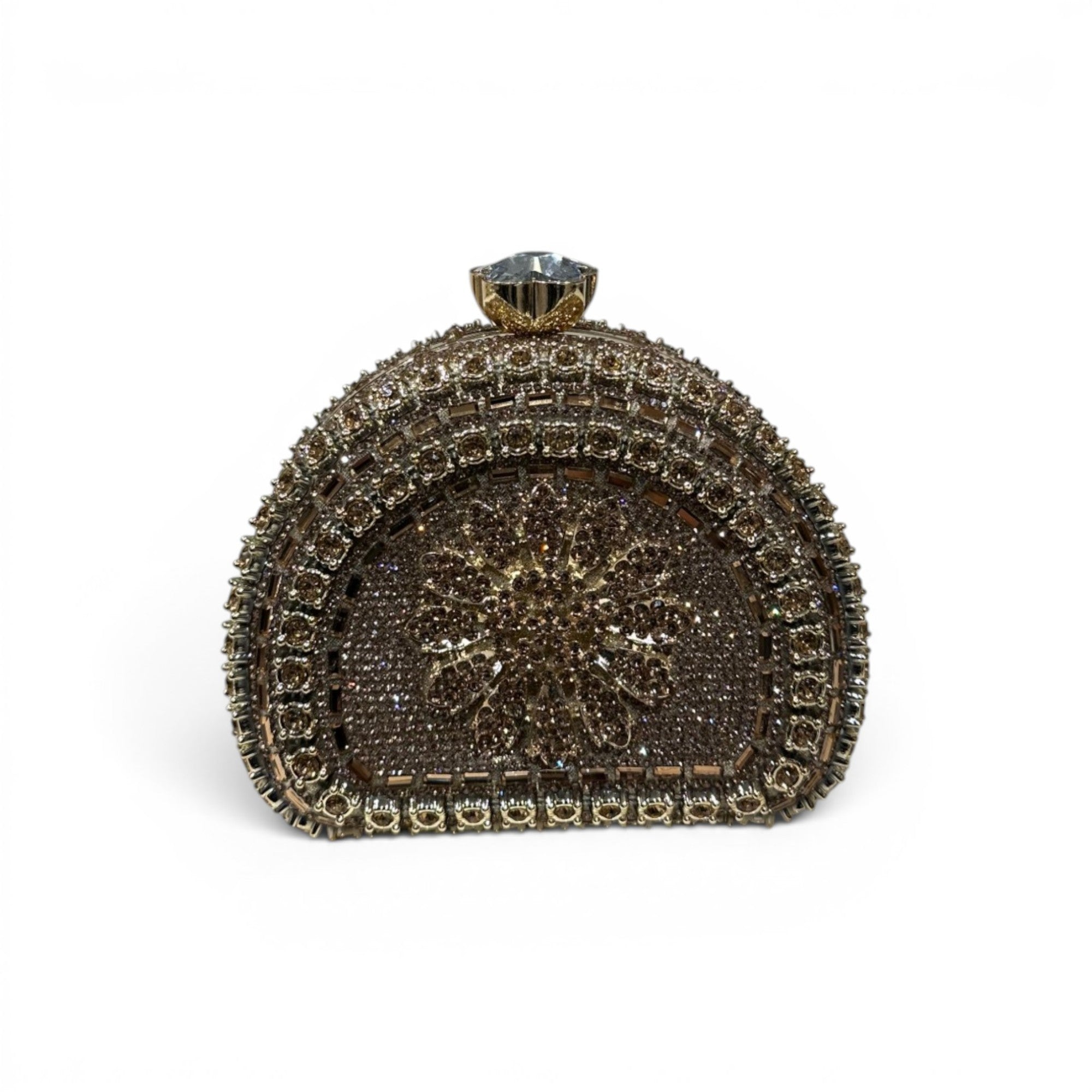 COC Store embellished dome evening clutch bag with floral rhinestone design and top gem accent.