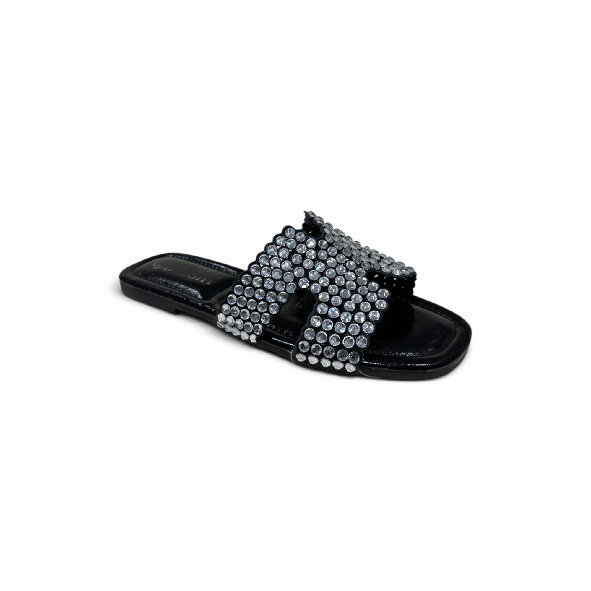 COC Store black embellished slide sandals with H-shaped strap and rhinestones.