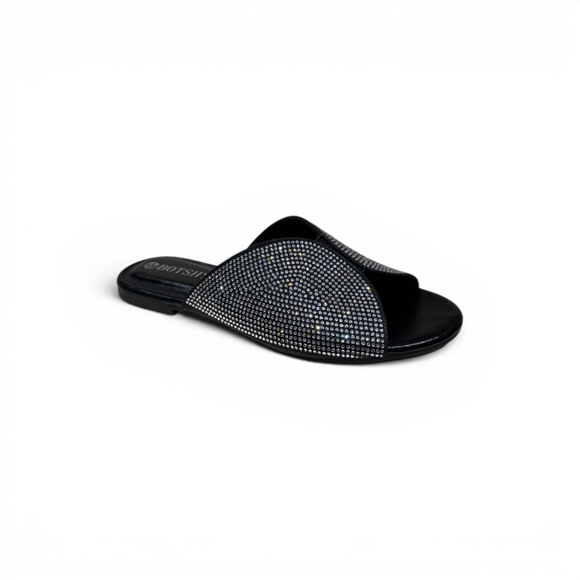 COC Store embellished slide sandals with crisscross strap adorned with rhinestones. Black synthetic material.