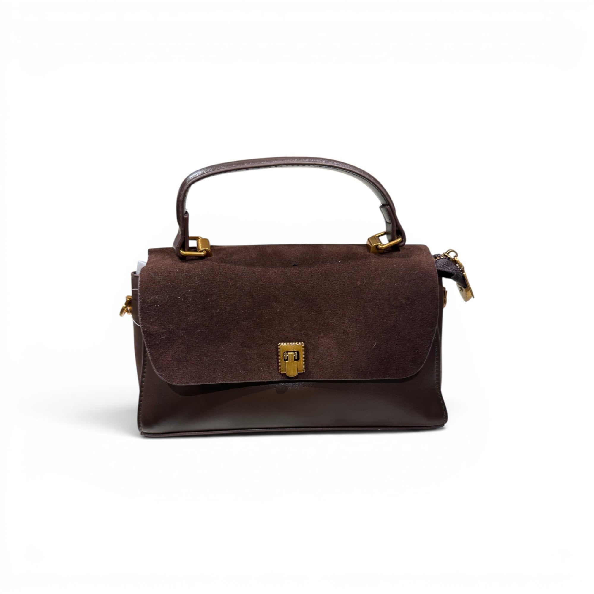 COC Store structured top handle bag in espresso faux leather with gold-tone clasp closure.