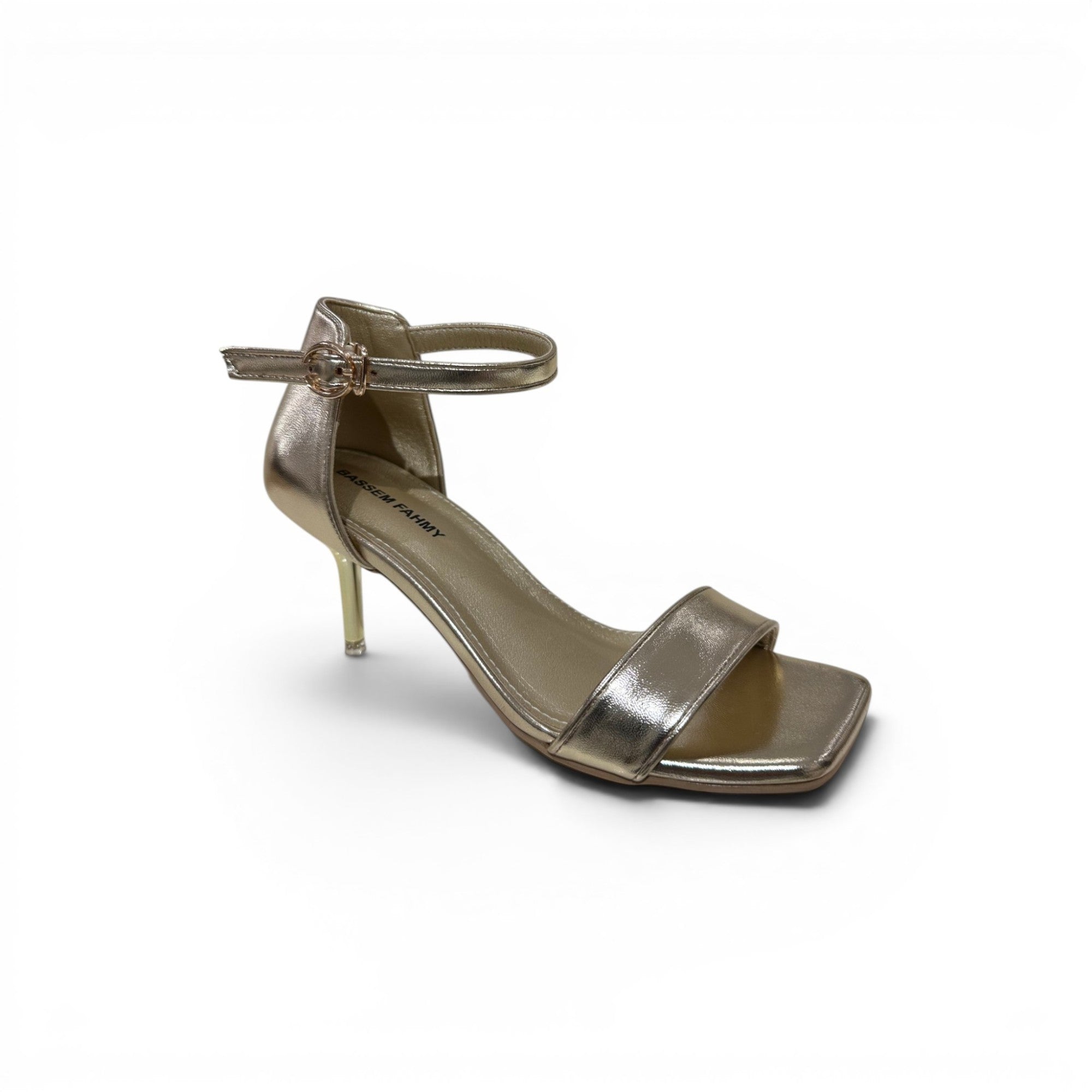 COC Store women's gold metallic heeled sandals with square toe and ankle strap.