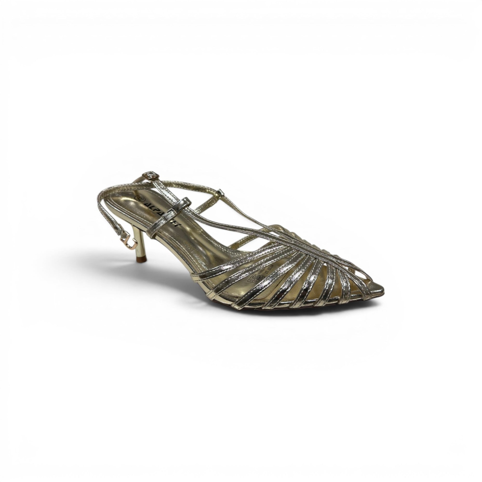 COC Store gold metallic strappy kitten heel slingback shoes with caged design and pointed toe.