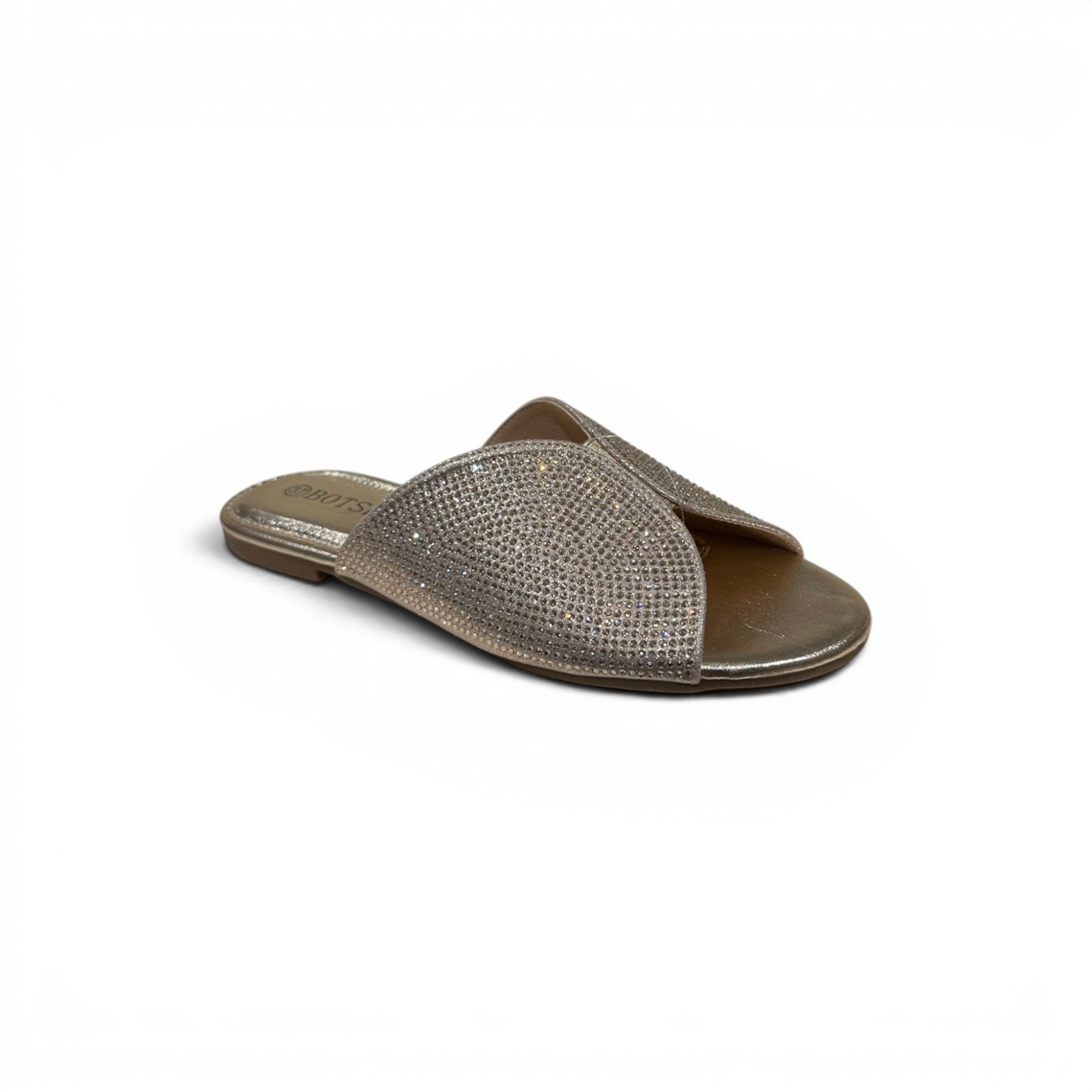 COC Store embellished slide sandals with crisscross straps covered in rhinestones. Gold slip-on sandals.