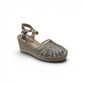 COC Store gold woven wedge espadrille sandals with braided strap and adjustable ankle strap.