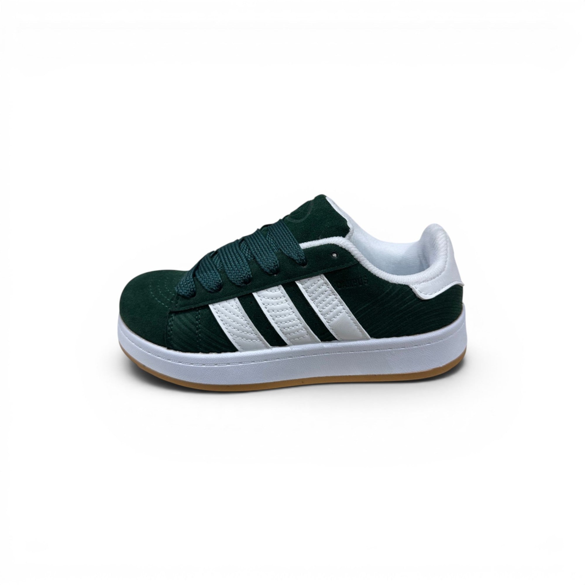 COC Store dark green suede low-top sneakers with white side stripes and lace-up closure.