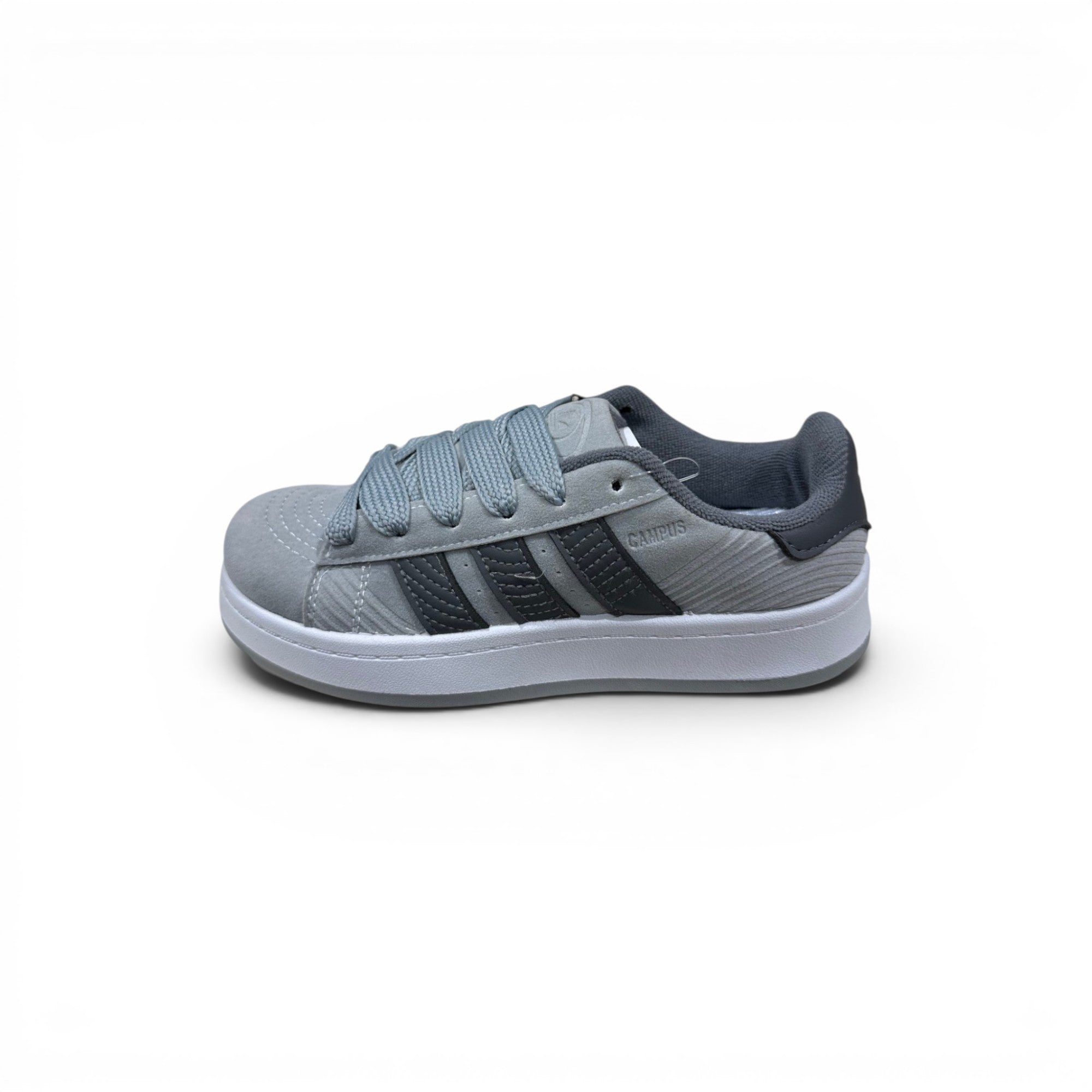COC Store grey low-top sneakers with signature side stripes and lace-up closure. Cushioned sole for all-day comfort.