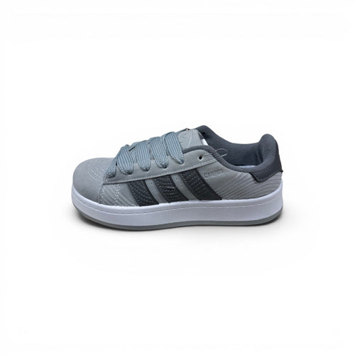 COC Store grey low-top sneakers with signature side stripes and lace-up closure. Cushioned sole for all-day comfort.
