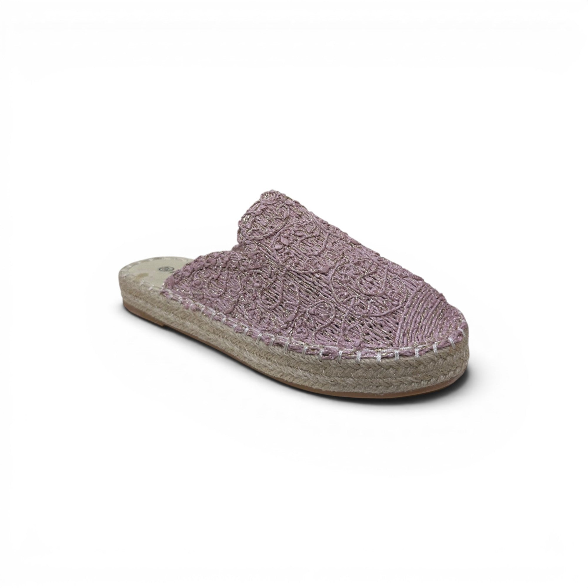 COC Store lavender woven espadrille mule with floral pattern and jute-wrapped sole.