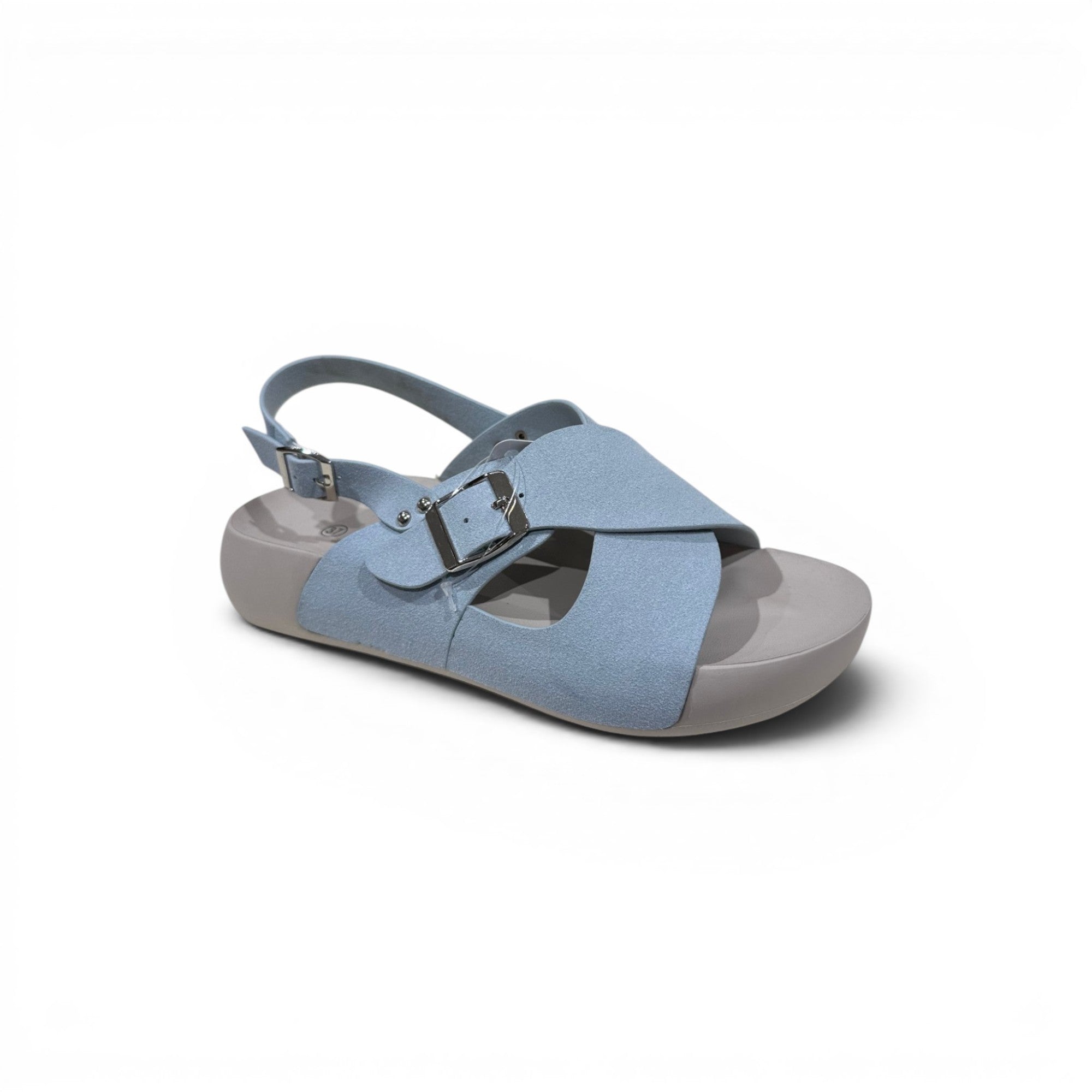 COC Store light blue criss-cross strap platform slingback sandals with buckle closure and cushioned footbed.