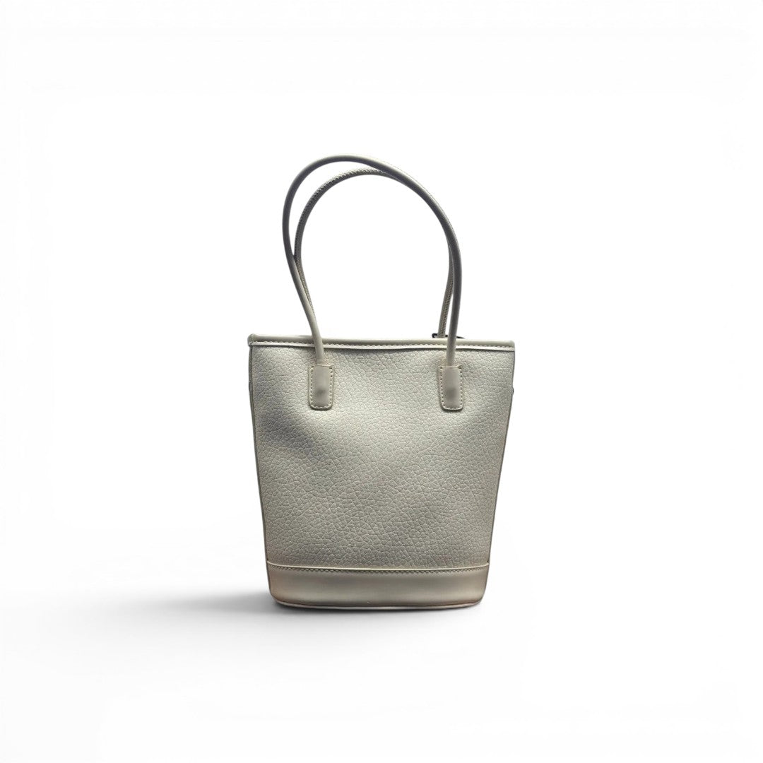 COC Store light grey textured faux leather bucket tote bag with top handles and charm detail.