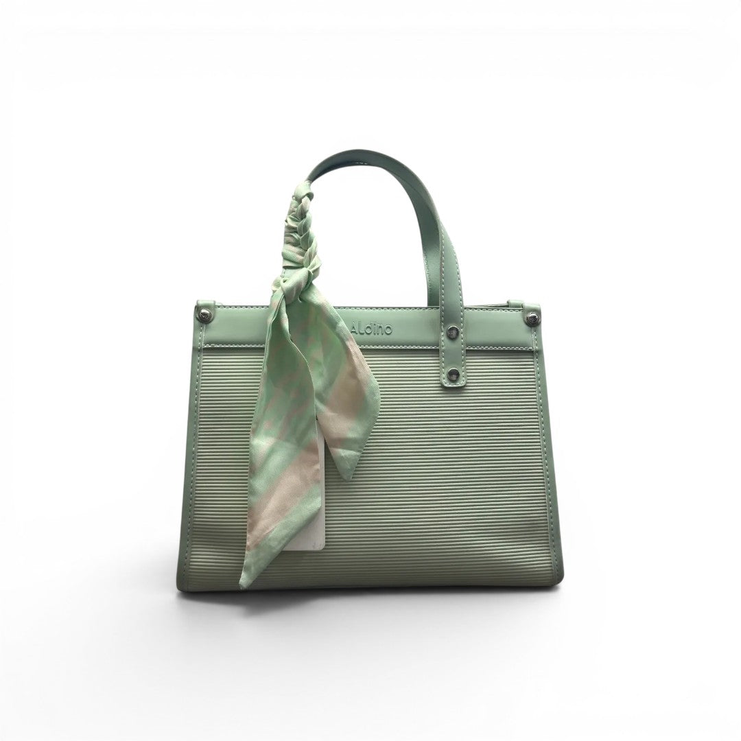 COC Store structured mint green faux leather tote bag with ribbed texture and decorative scarf accent.