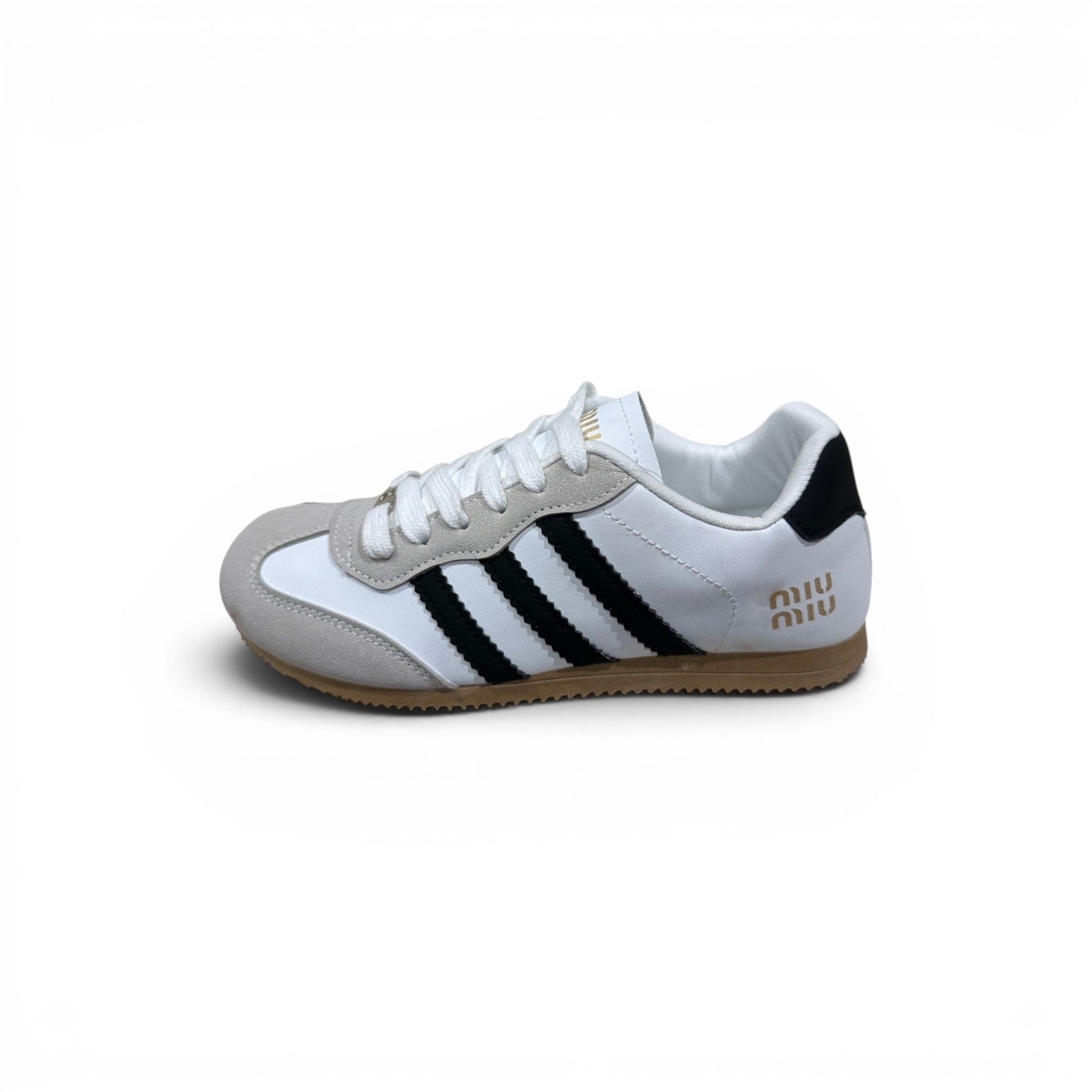 COC Store Miu Miu low top sneakers in white leather and grey suede with black stripes and gold branding.