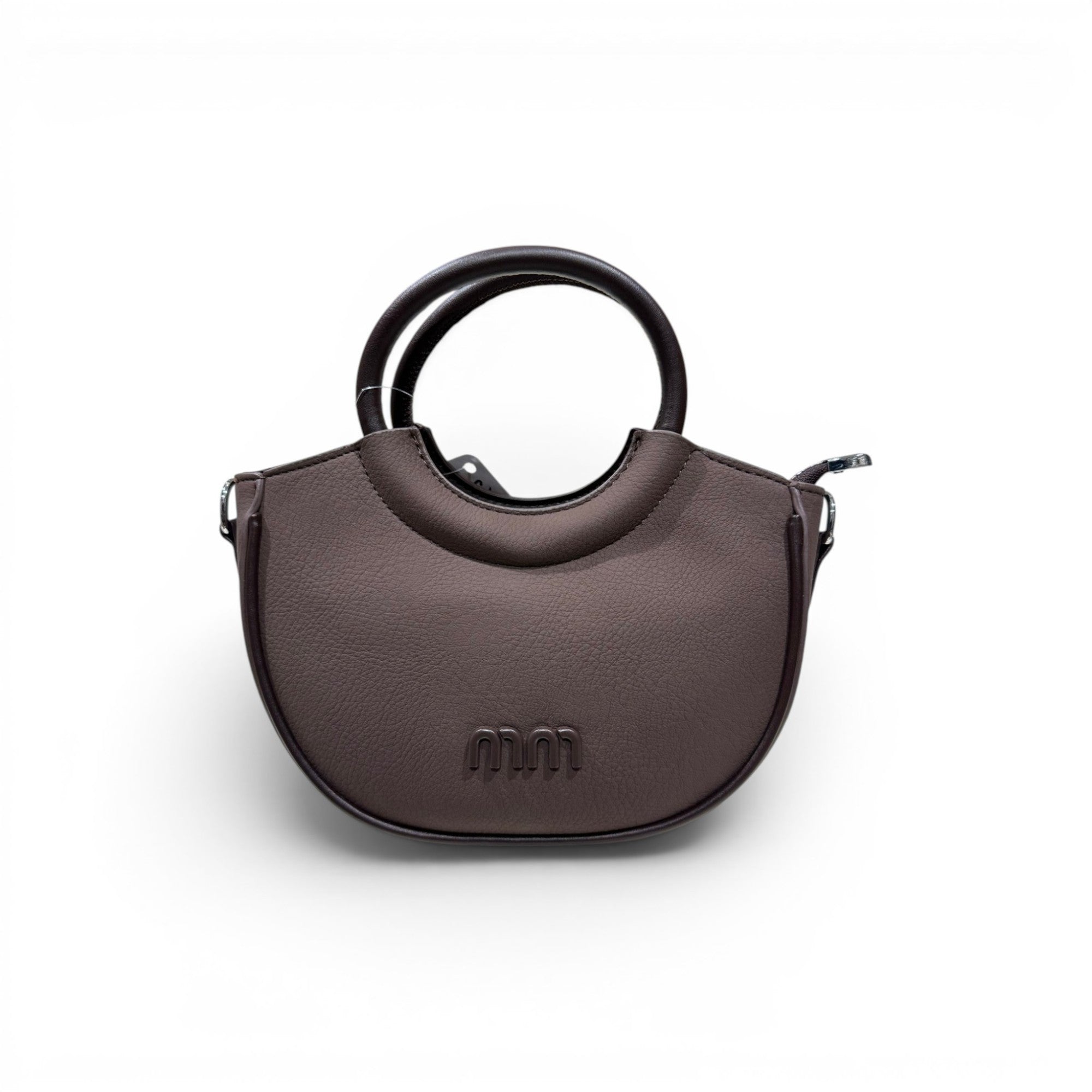 COC Store mocha faux leather crescent satchel bag with round handle and optional shoulder strap.