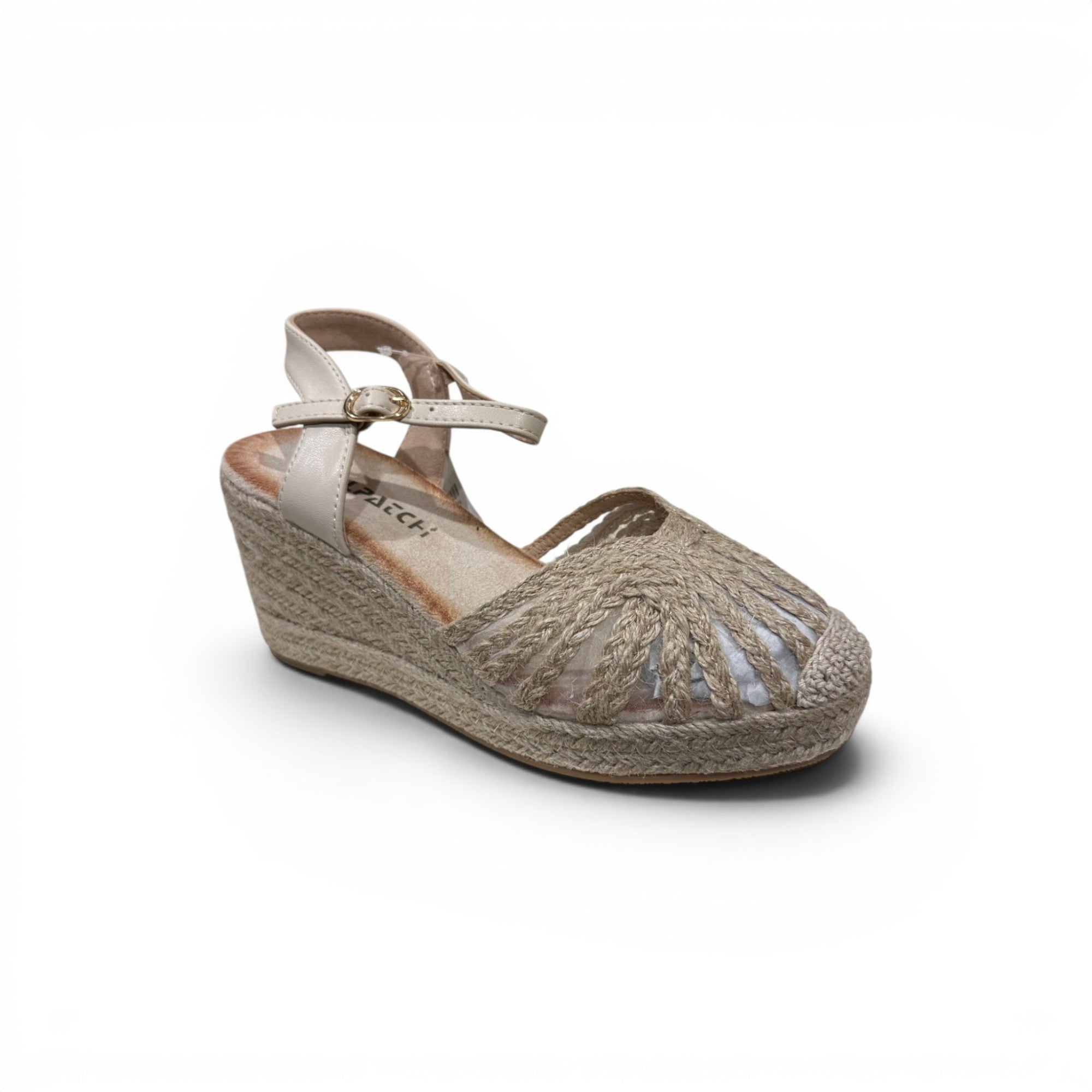 COC Store natural beige woven espadrille wedge sandals with braided toe strap and adjustable ankle strap.
