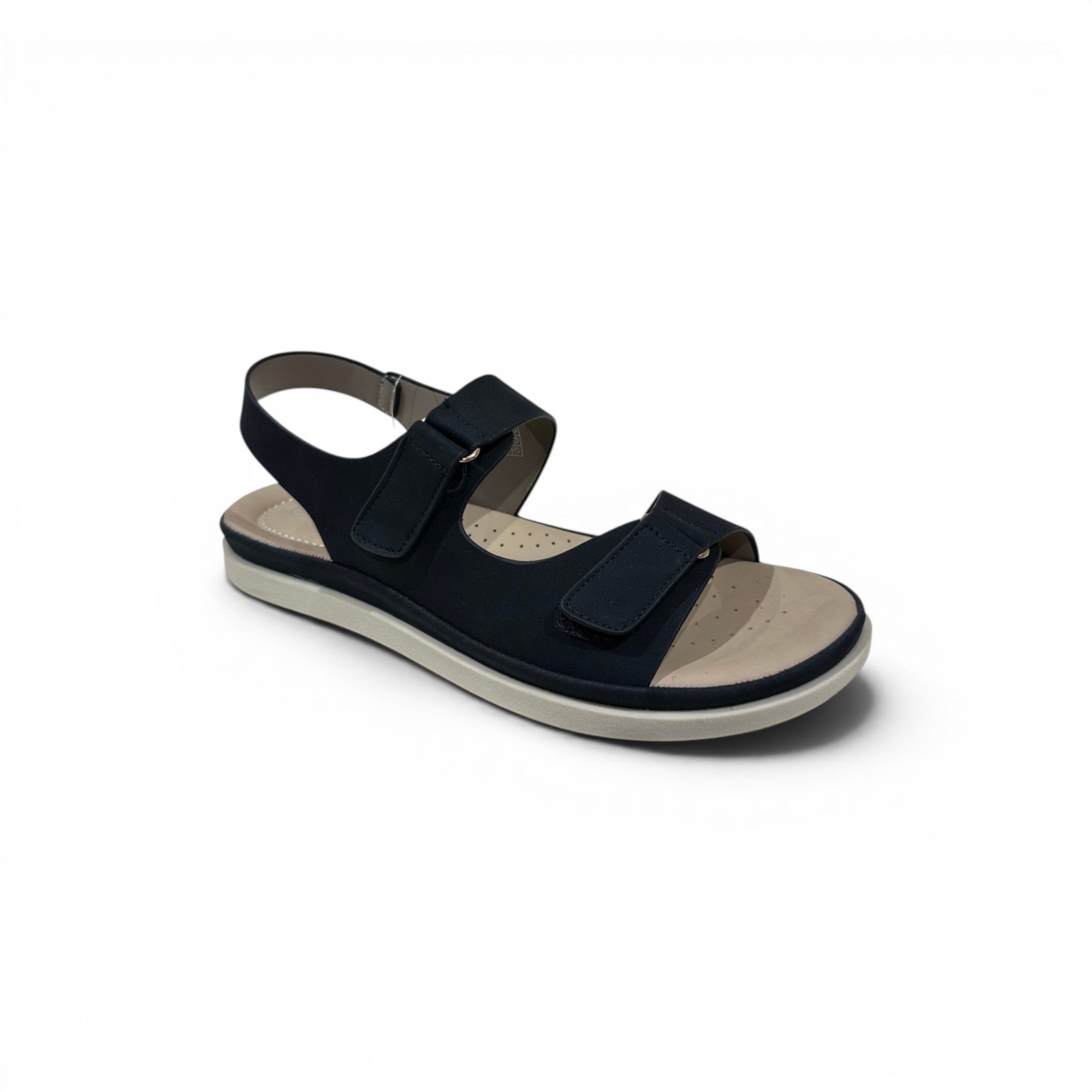 COC Store navy blue adjustable strap comfort sandals with cushioned footbed and hook-and-loop closures.