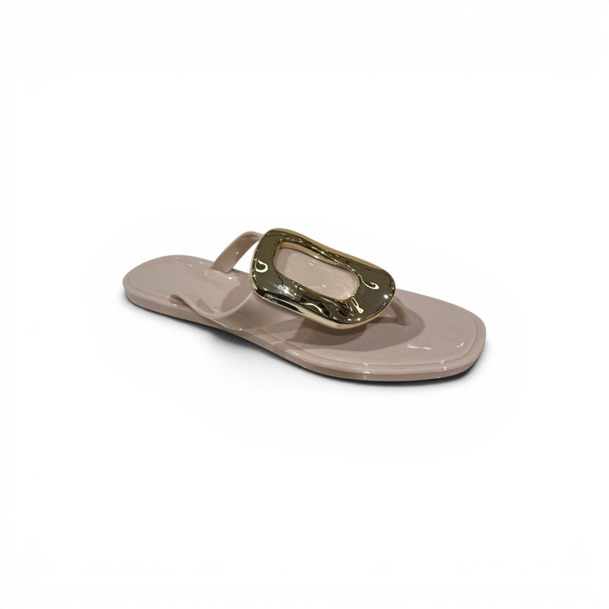 COC Store women's nude jelly thong sandals with gold buckle accent. Waterproof and stylish.