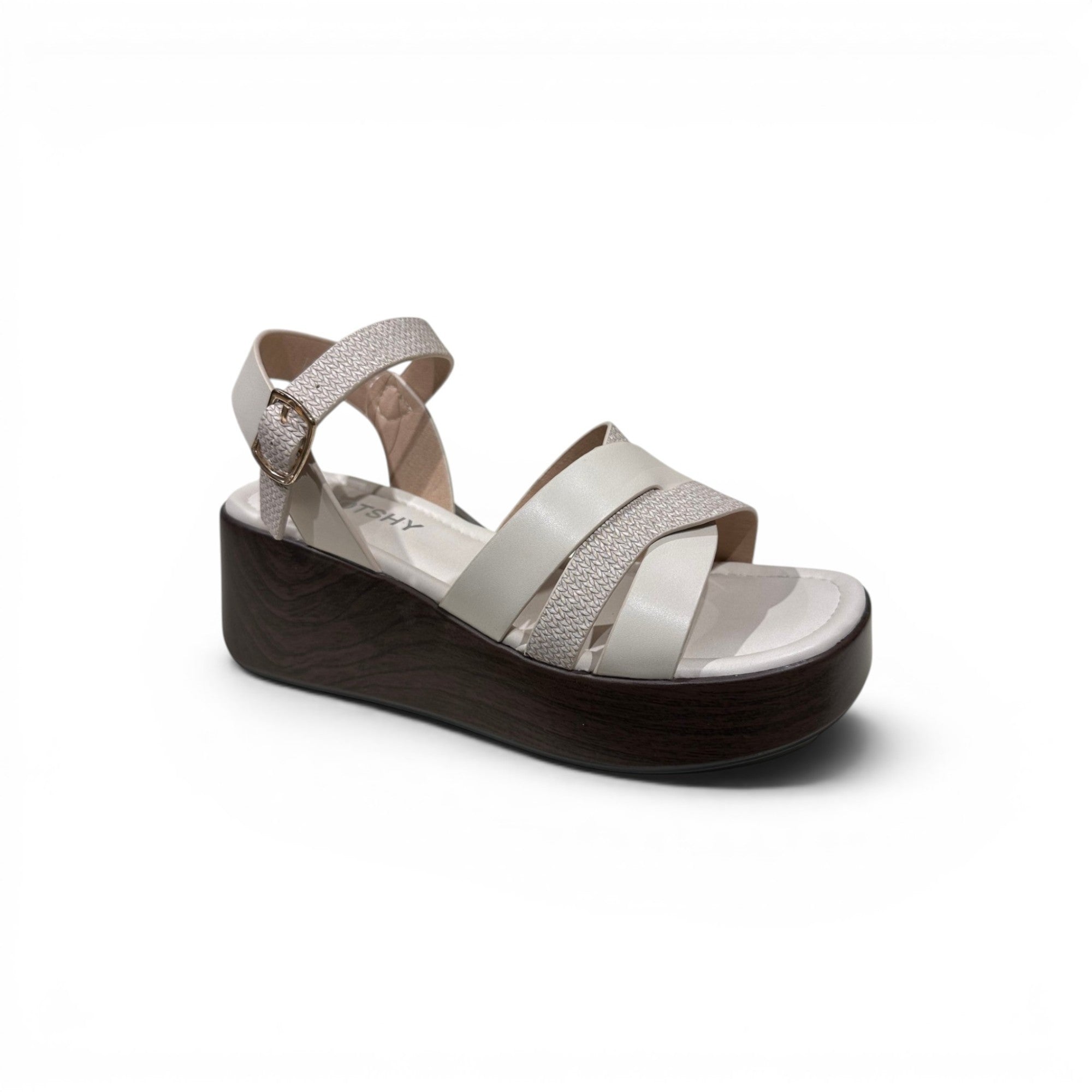 COC Store off-white leather platform wedge sandals with crisscross straps and textured ankle strap.