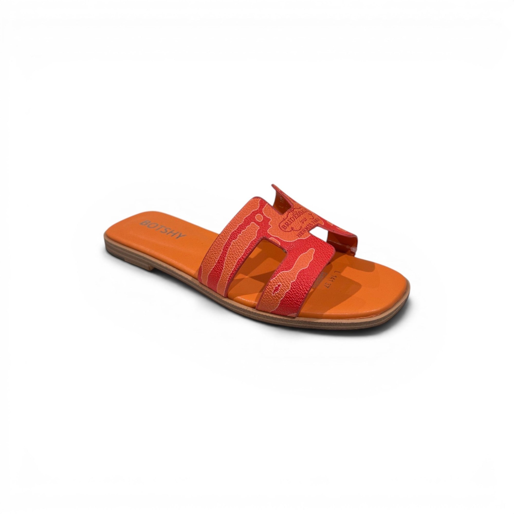 COC Store orange and red tiger-stripe print heeled slide sandals with H-strap design.