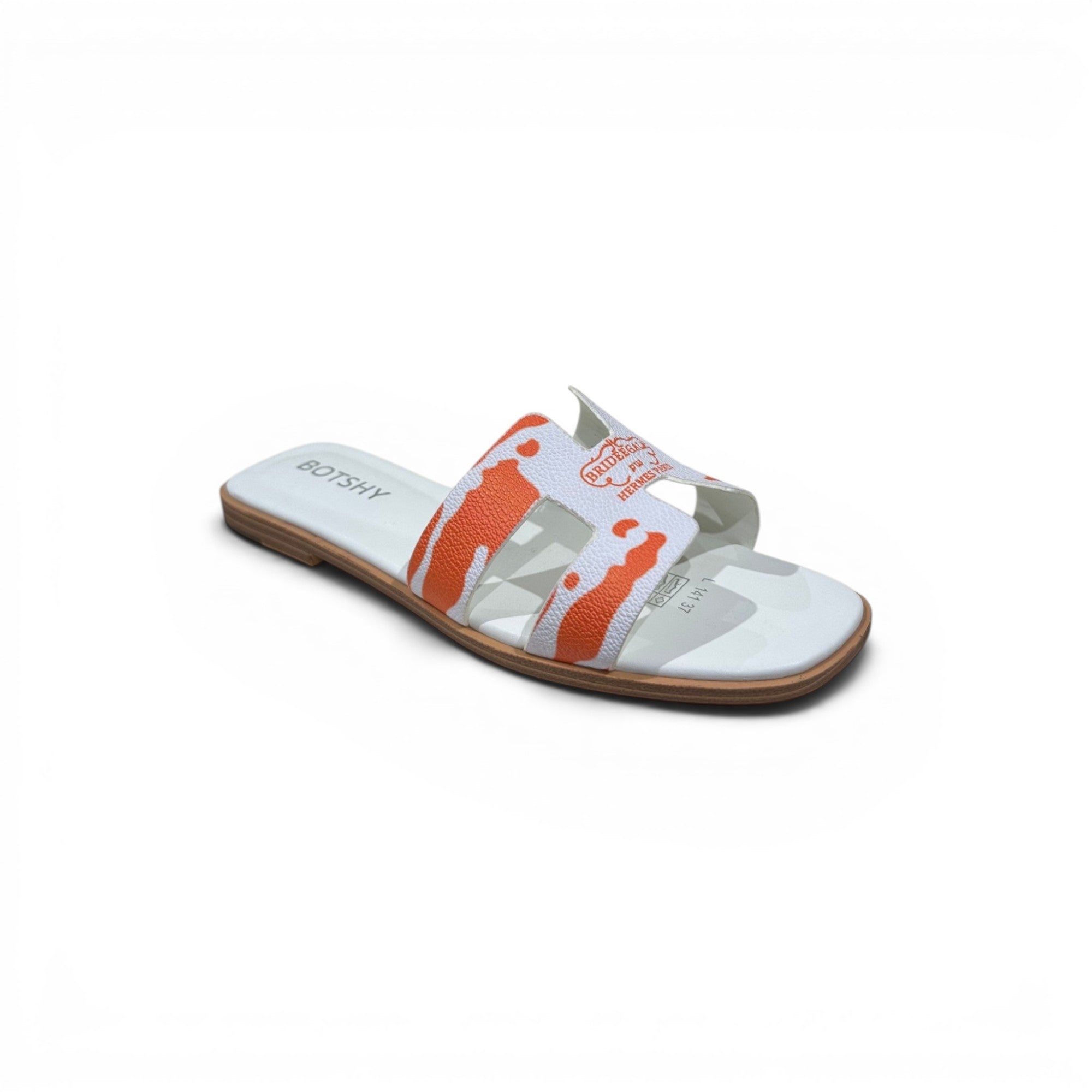 COC Store white slide sandals with orange tiger stripe print and H-strap design. Comfortable and stylish.