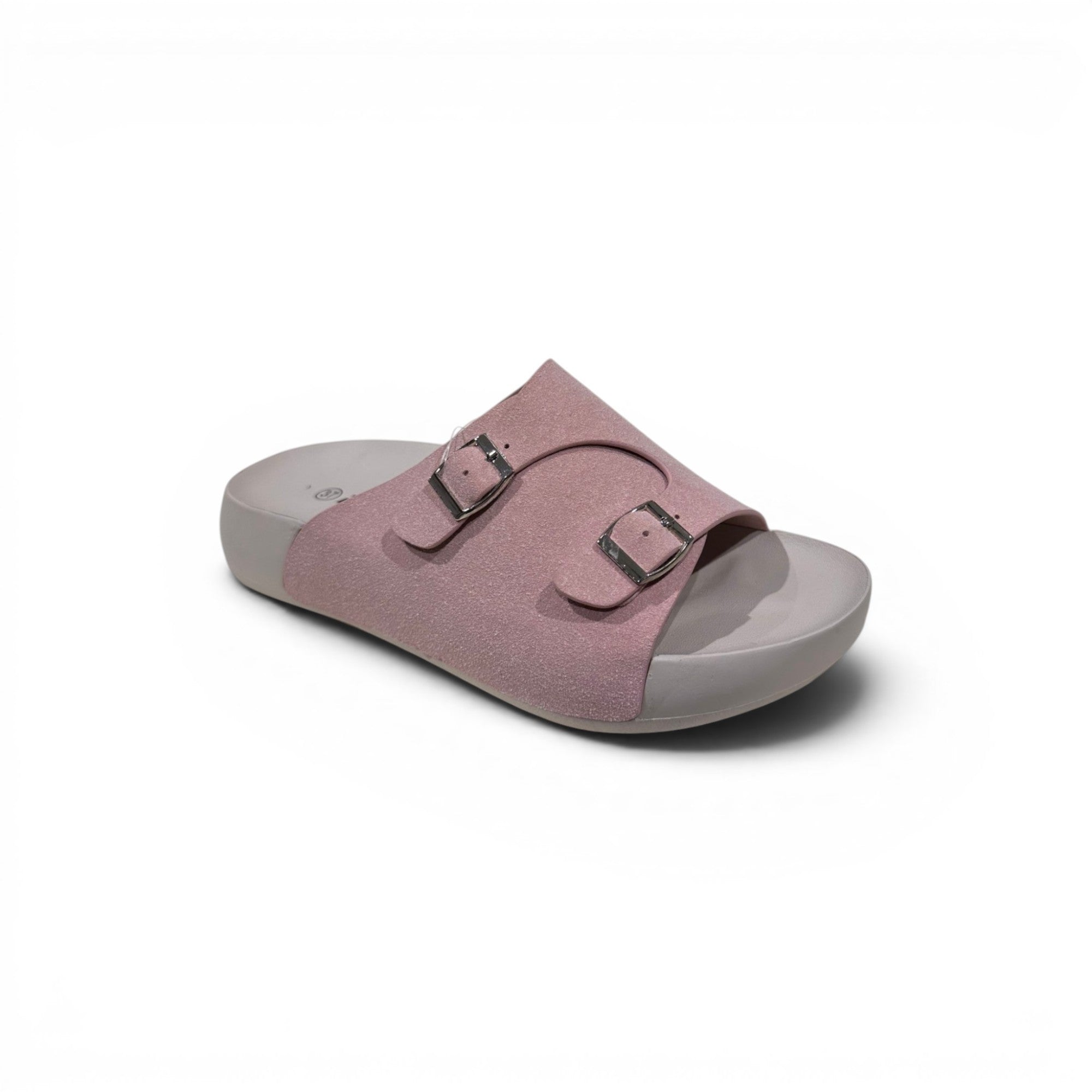COC Store pink glitter double buckle slide sandals with contoured footbed and adjustable straps.