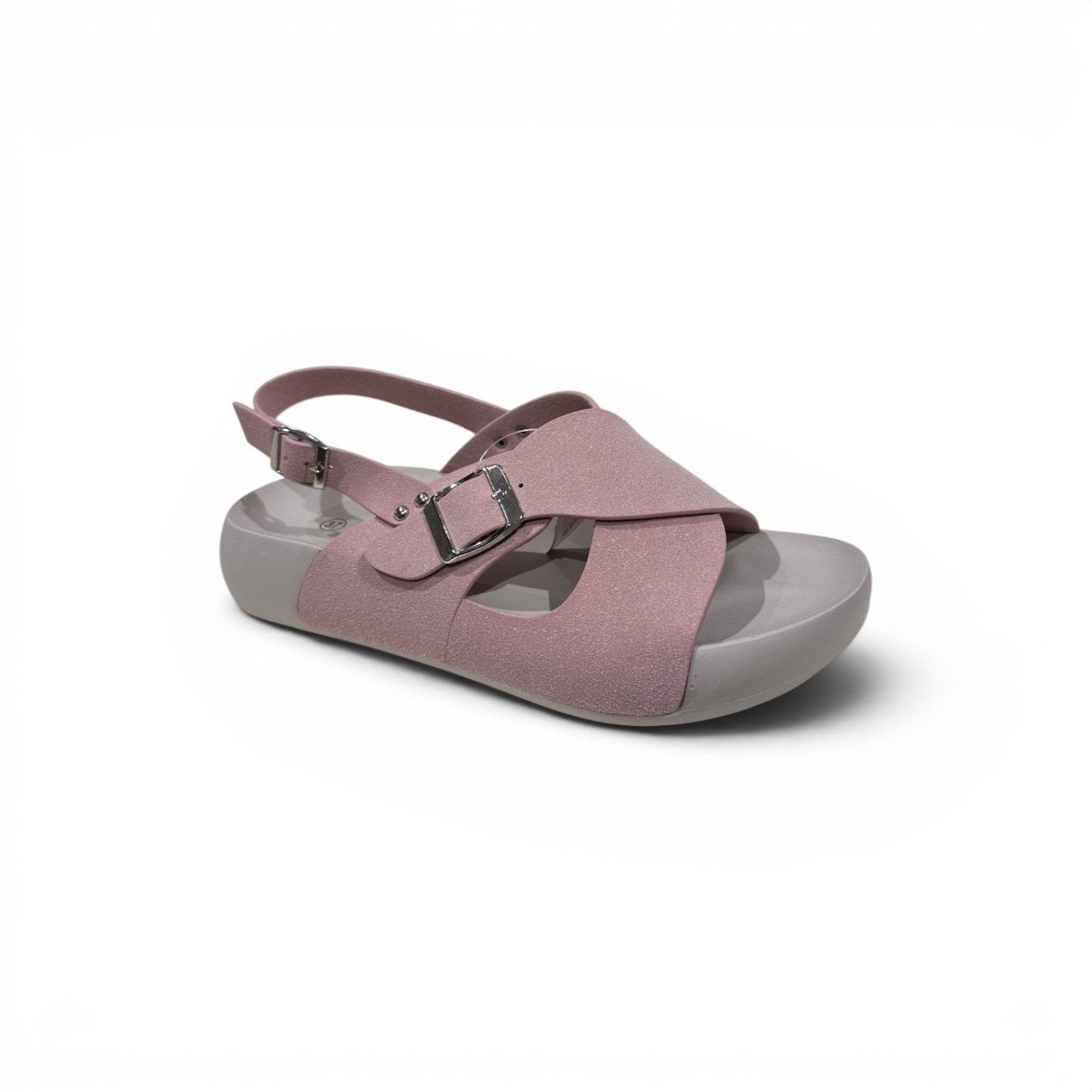 COC Store pink glitter platform slingback sandals with criss-cross straps and buckle closure.