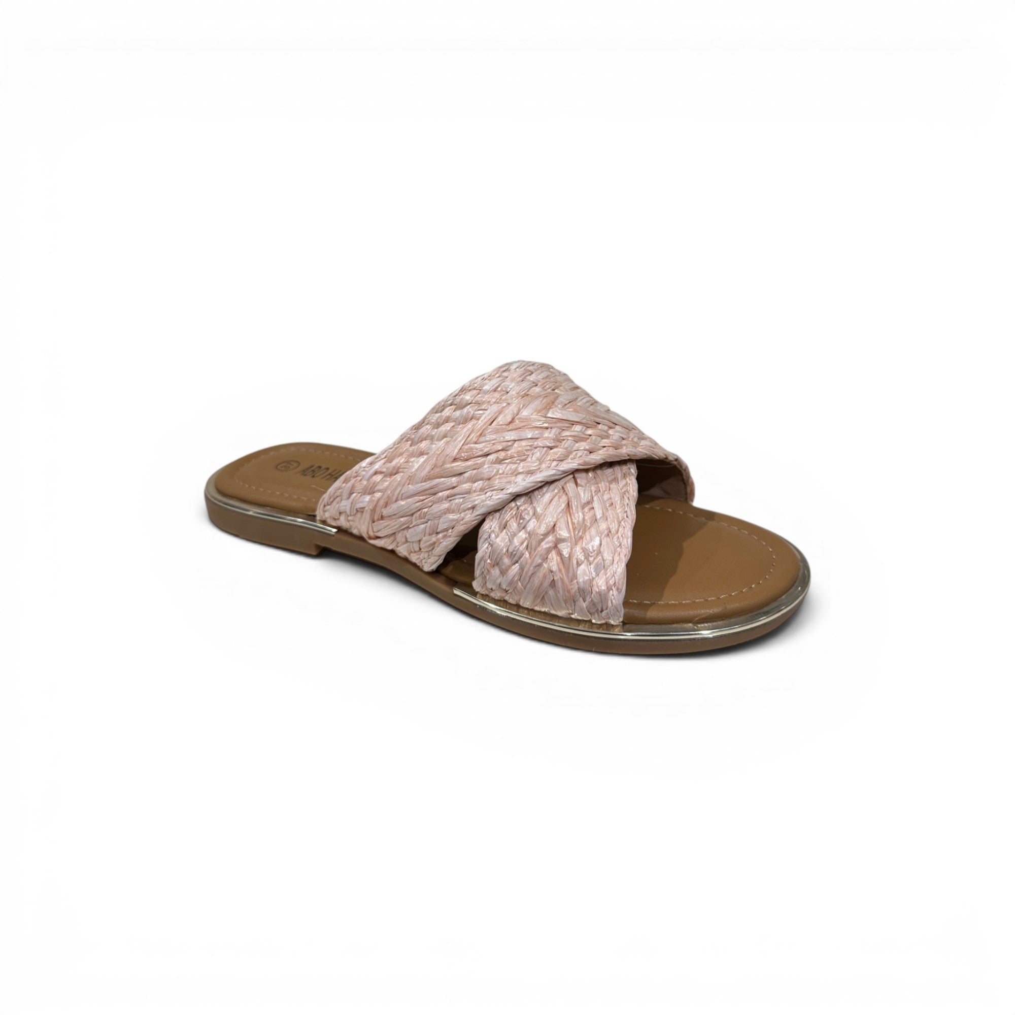 COC Store pink woven strap slide sandals with criss-cross detail and open toe.