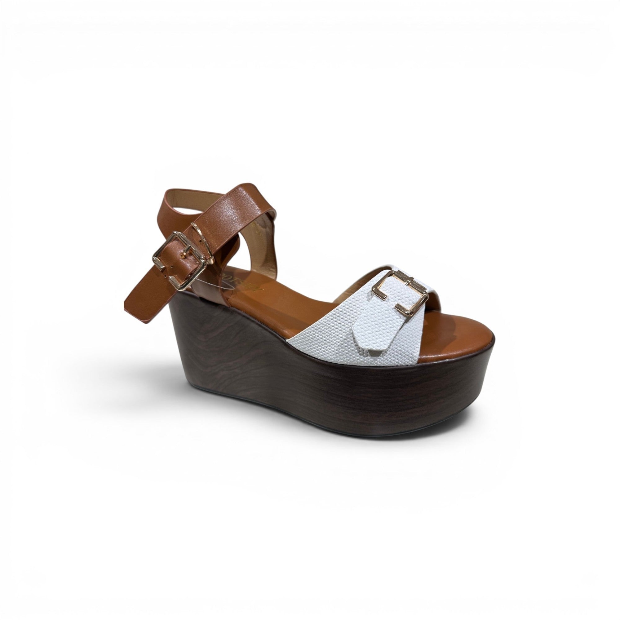 COC Store platform wedge sandal with white textured upper, brown ankle strap, and wood-grain wedge. Features buckle closures.