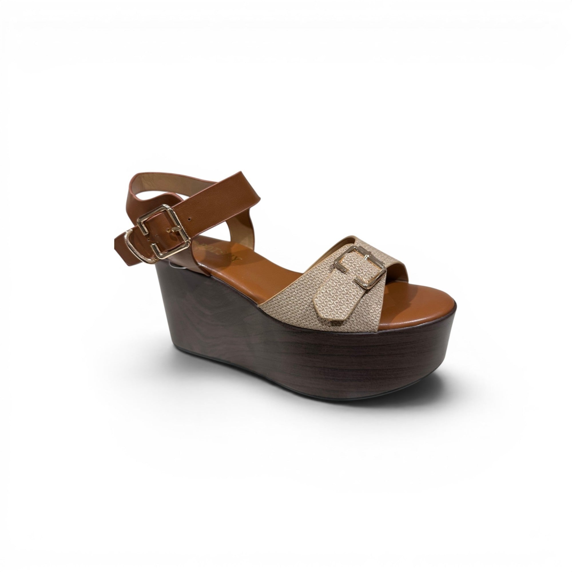 COC Store platform wedge sandals with tan leather ankle strap and buckle, textured beige upper, and wood-grain wedge.