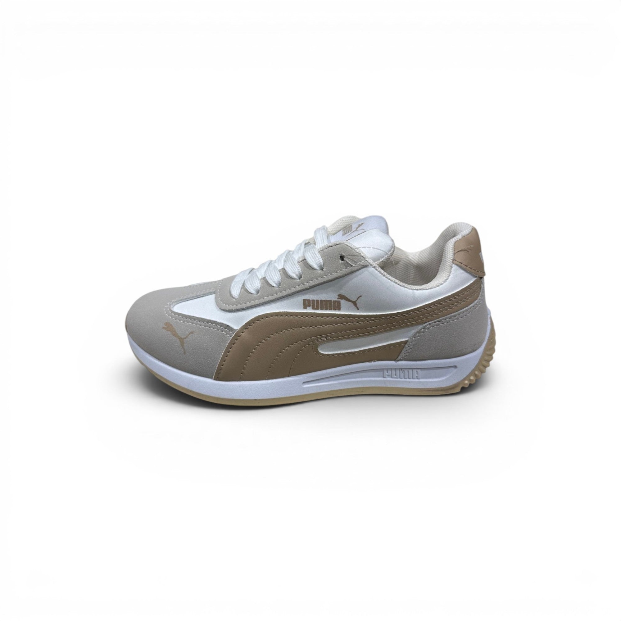 COC Store Puma Kids Casual Sneakers in white and tan suede with lace-up closure and cushioned sole.
