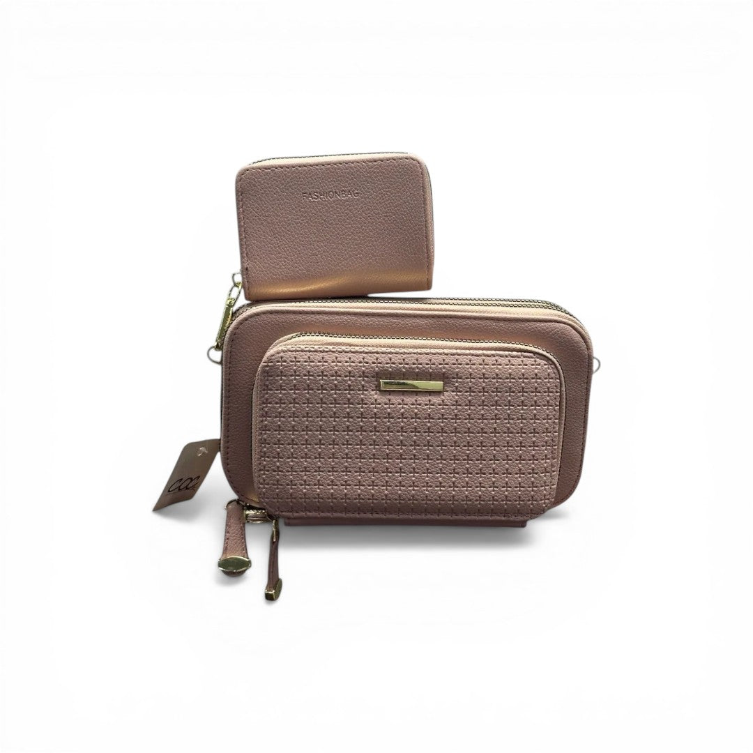 COC Store rose gold faux leather crossbody bag and wallet set with woven front pocket and gold hardware.