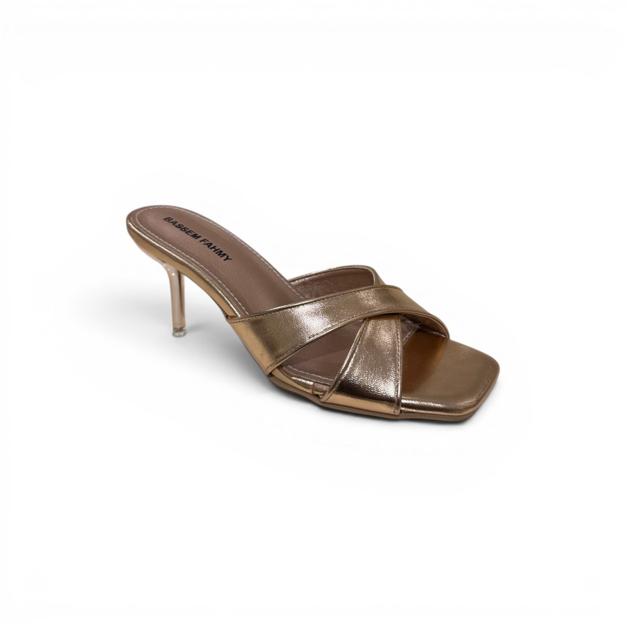 COC Store rose gold metallic heeled mule sandal with criss-cross straps and square toe.