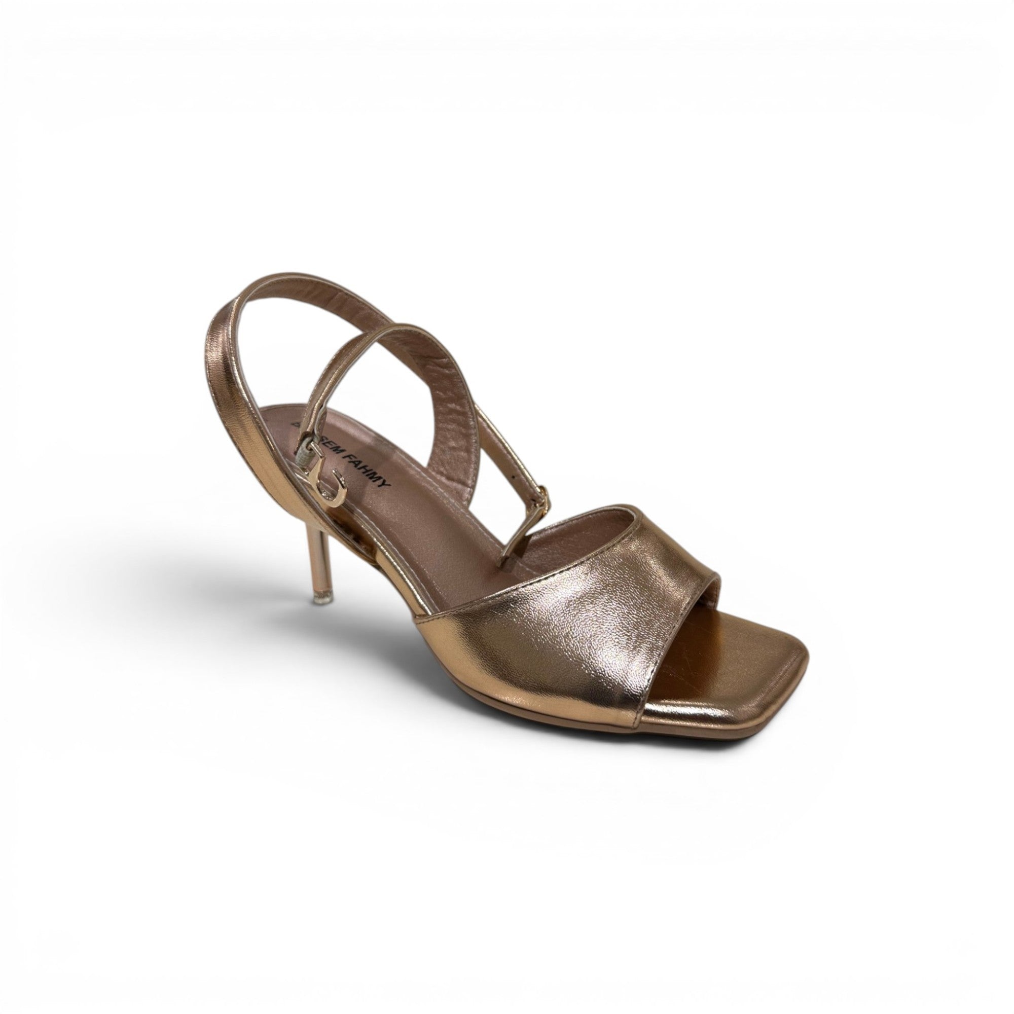 COC Store metallic rose gold square toe slingback heeled sandal with ankle strap.