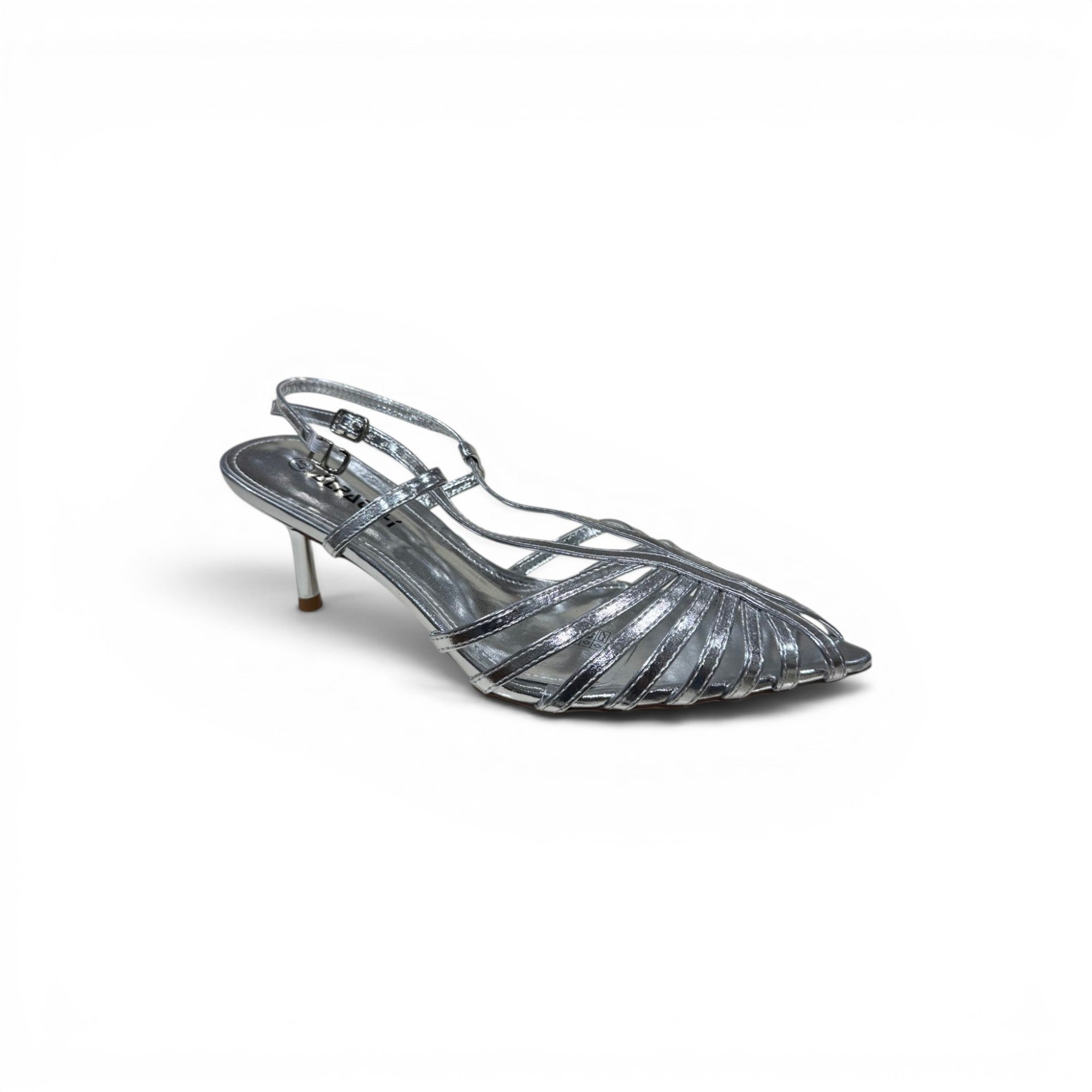 COC Store silver metallic caged kitten heel slingback with pointed toe and ankle strap.