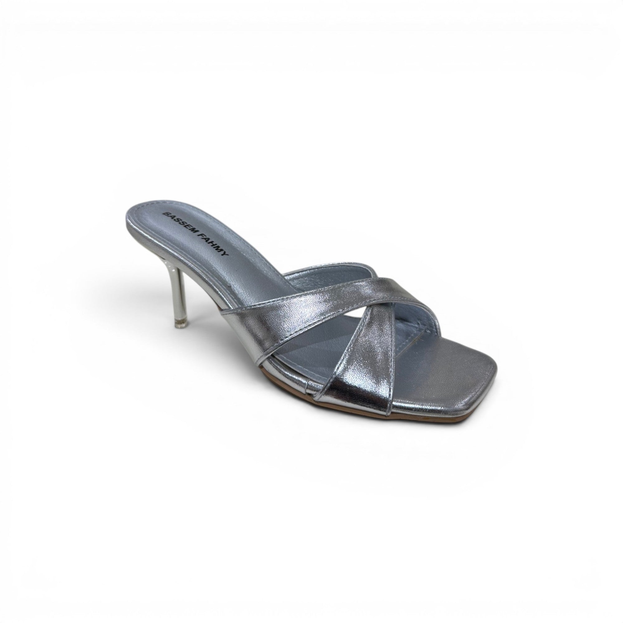 COC Store silver metallic heeled mule sandal with criss-cross straps and square toe.