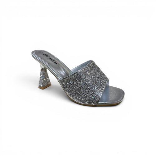 COC Store silver embellished open toe mule heel with a sculpted heel and rhinestone-adorned strap.