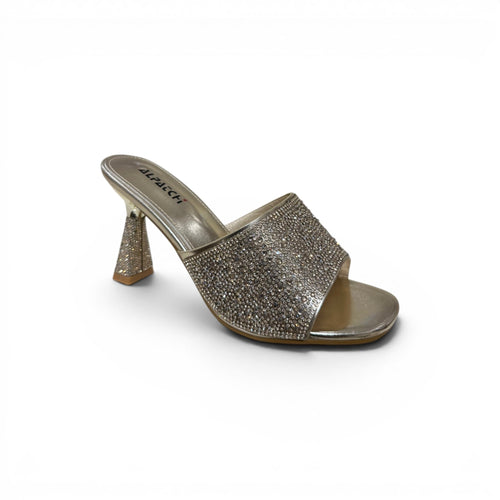 COC Store silver embellished open toe mule heel with sculpted heel and rhinestone-adorned strap.