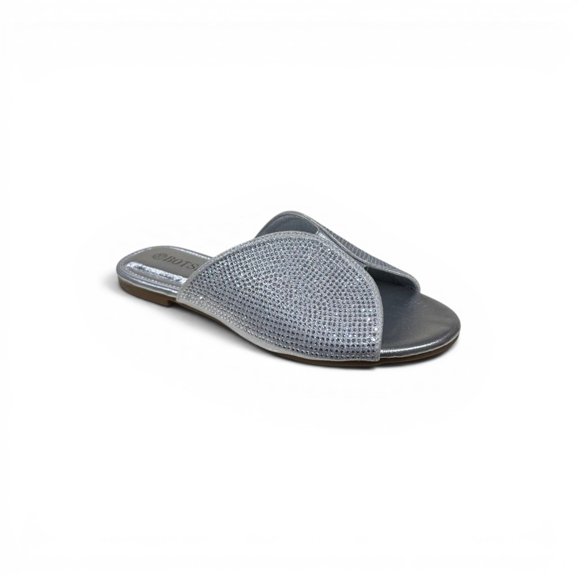 COC Store silver embellished slide sandals with crisscross strap adorned with rhinestones.