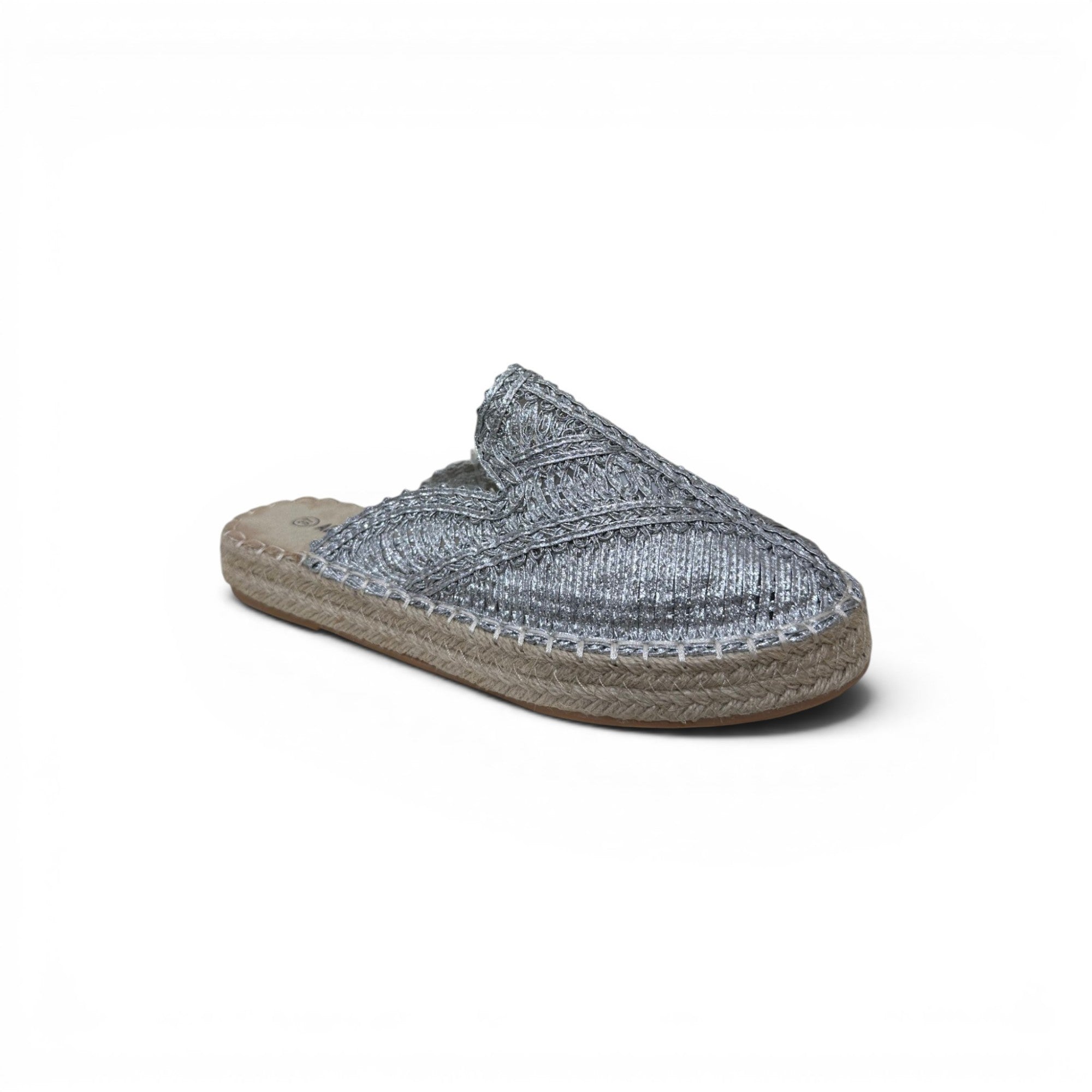 COC Store silver woven espadrille mule with jute sole and intricate floral pattern