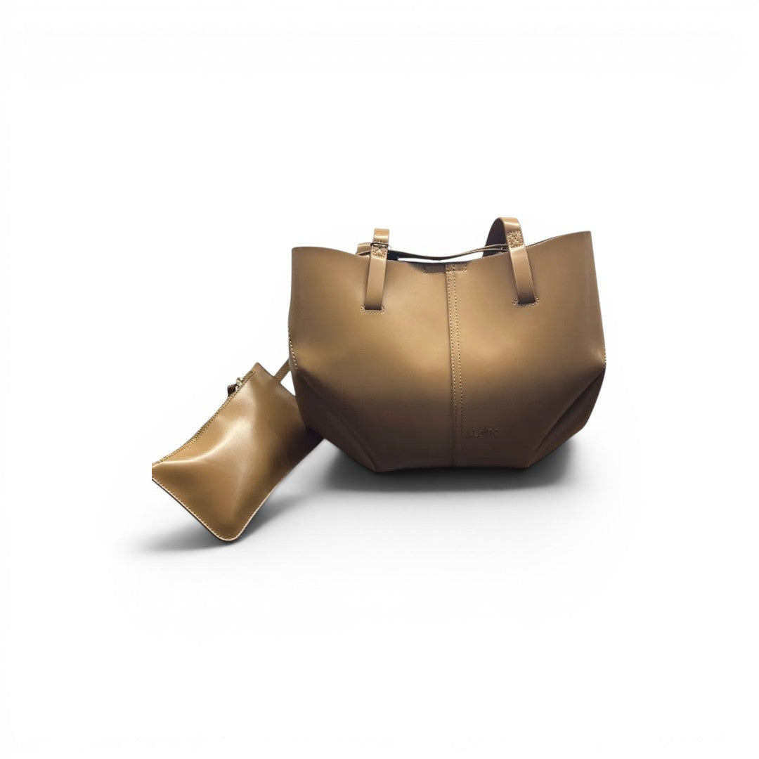 COC Store tan vegan leather structured tote bag with matching clutch and top handles.