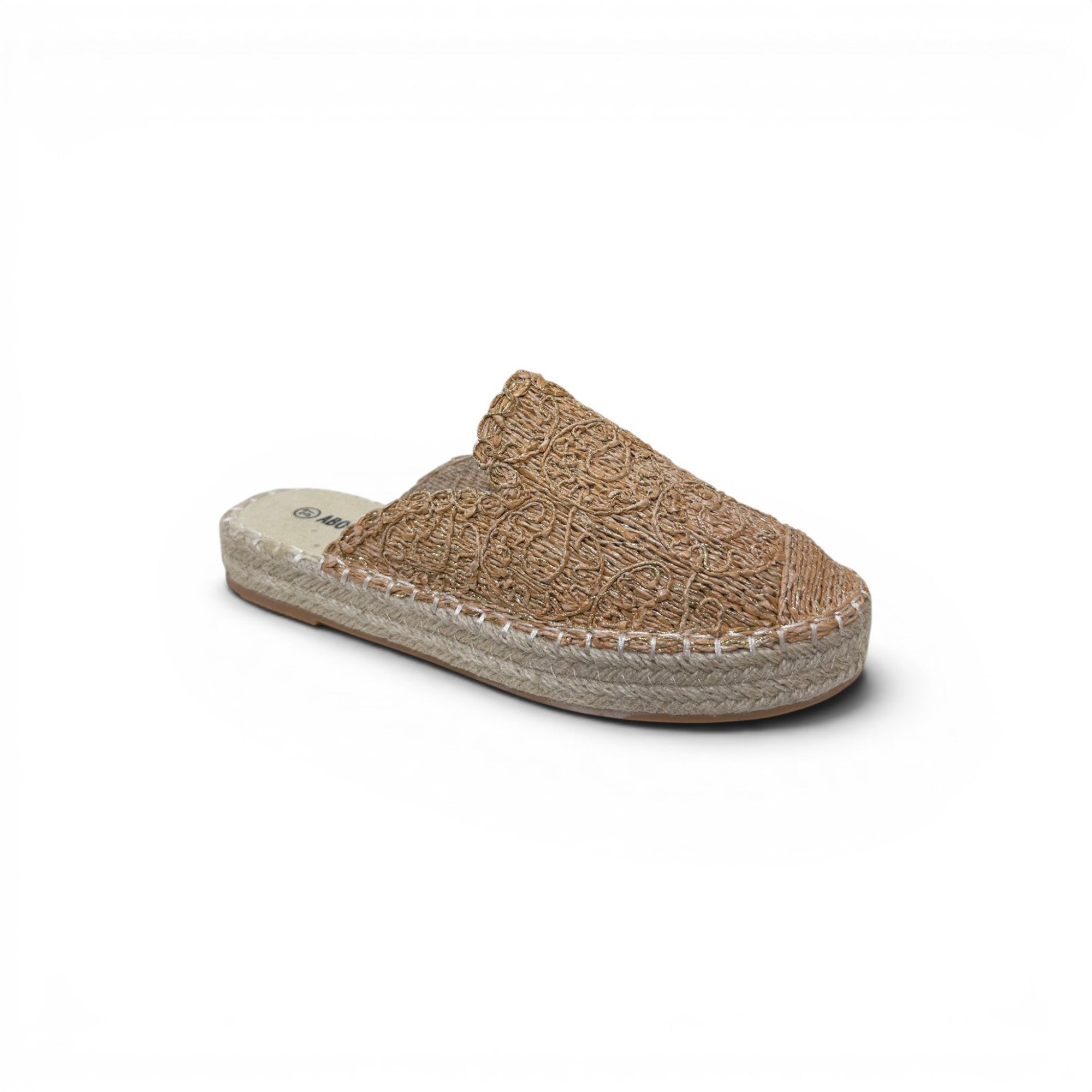 COC Store woven espadrille mule in tan with intricate floral pattern and jute-wrapped sole.