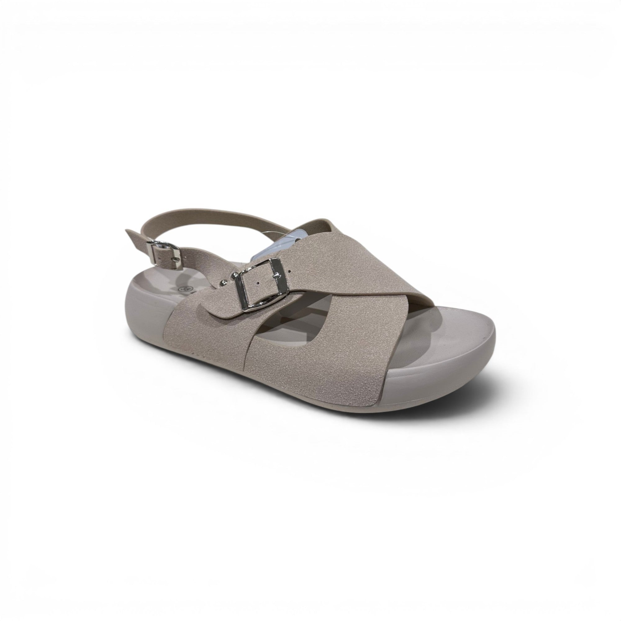 COC Store taupe glitter platform slingback sandals with criss-cross straps and buckle closure.