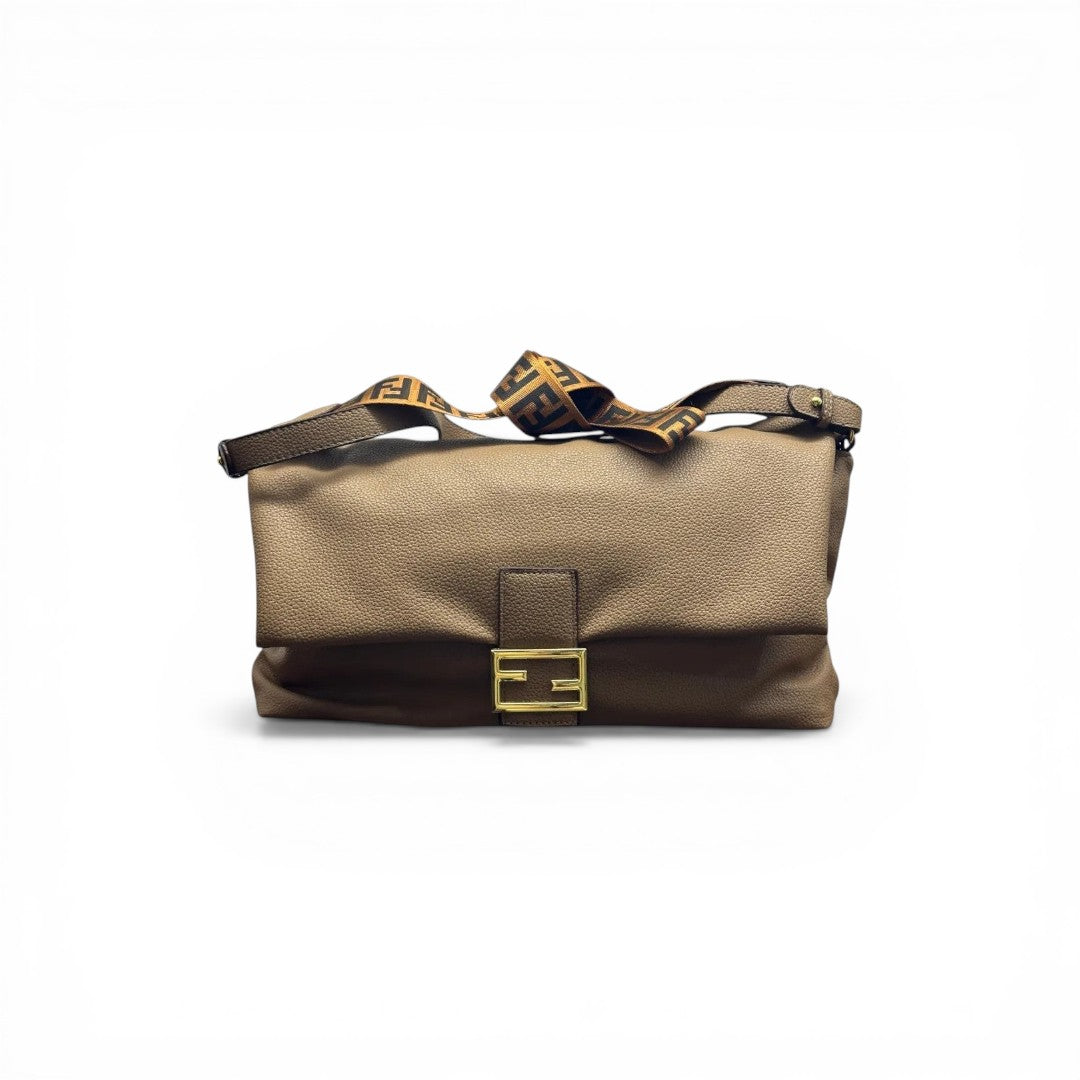 COC Store taupe textured leather shoulder bag with gold FF buckle and branded strap.