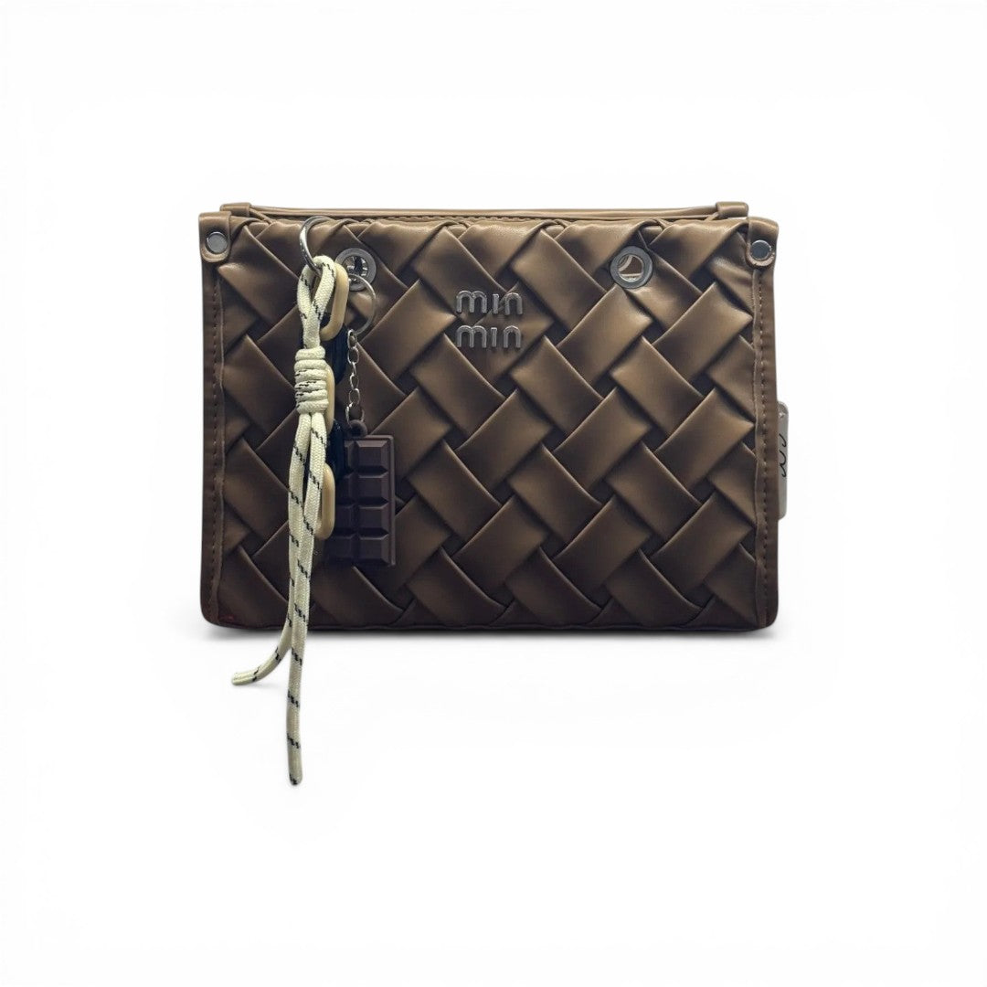 COC Store taupe faux leather woven crossbody bag with chocolate bar charm and silver hardware.