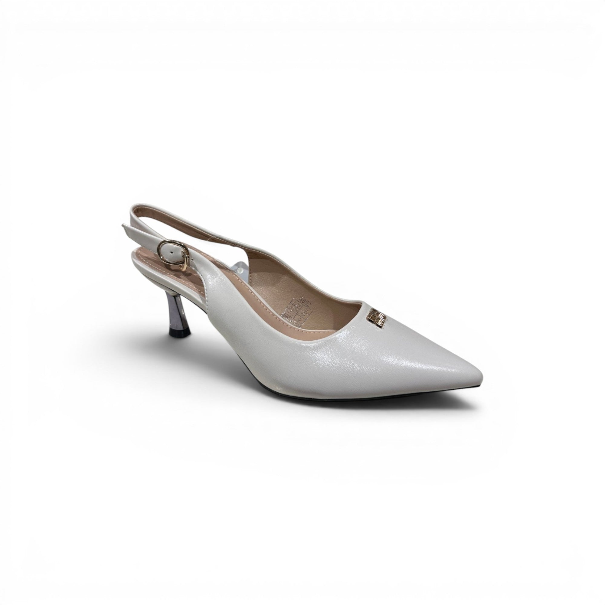 COC Store white faux leather slingback heels with pointed toe and adjustable ankle strap.