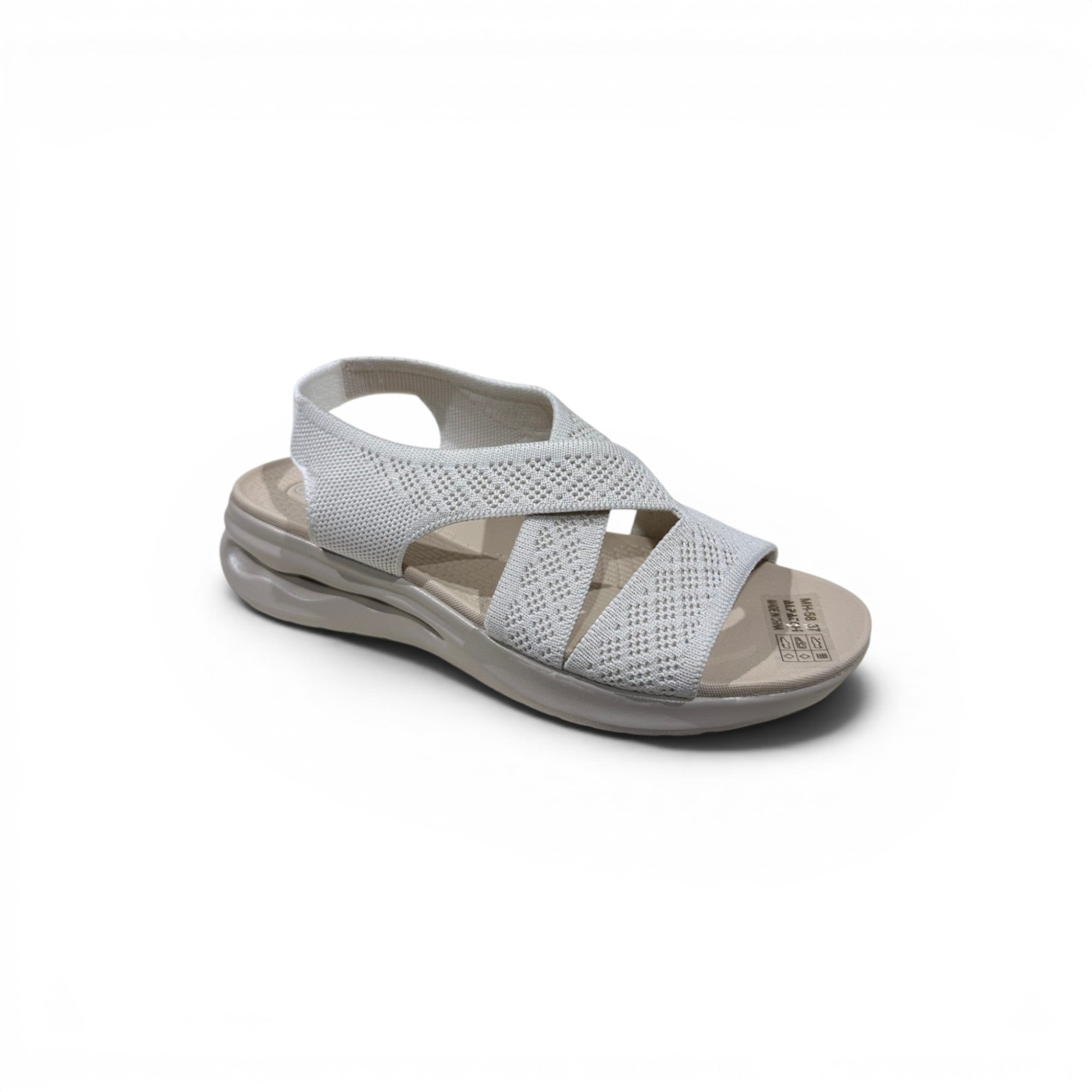 COC Store white knit slingback sandals with crisscross straps and cushioned sole.