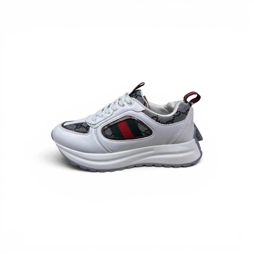 COC Store white leather sneakers with retro green and red stripe detail.