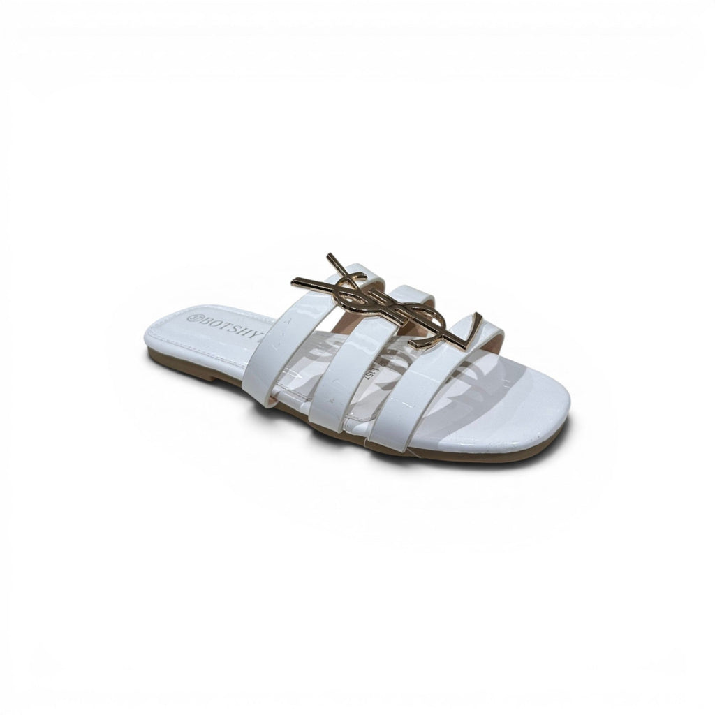 COC Store women's white patent leather slide sandals with gold buckle accent and multiple straps.