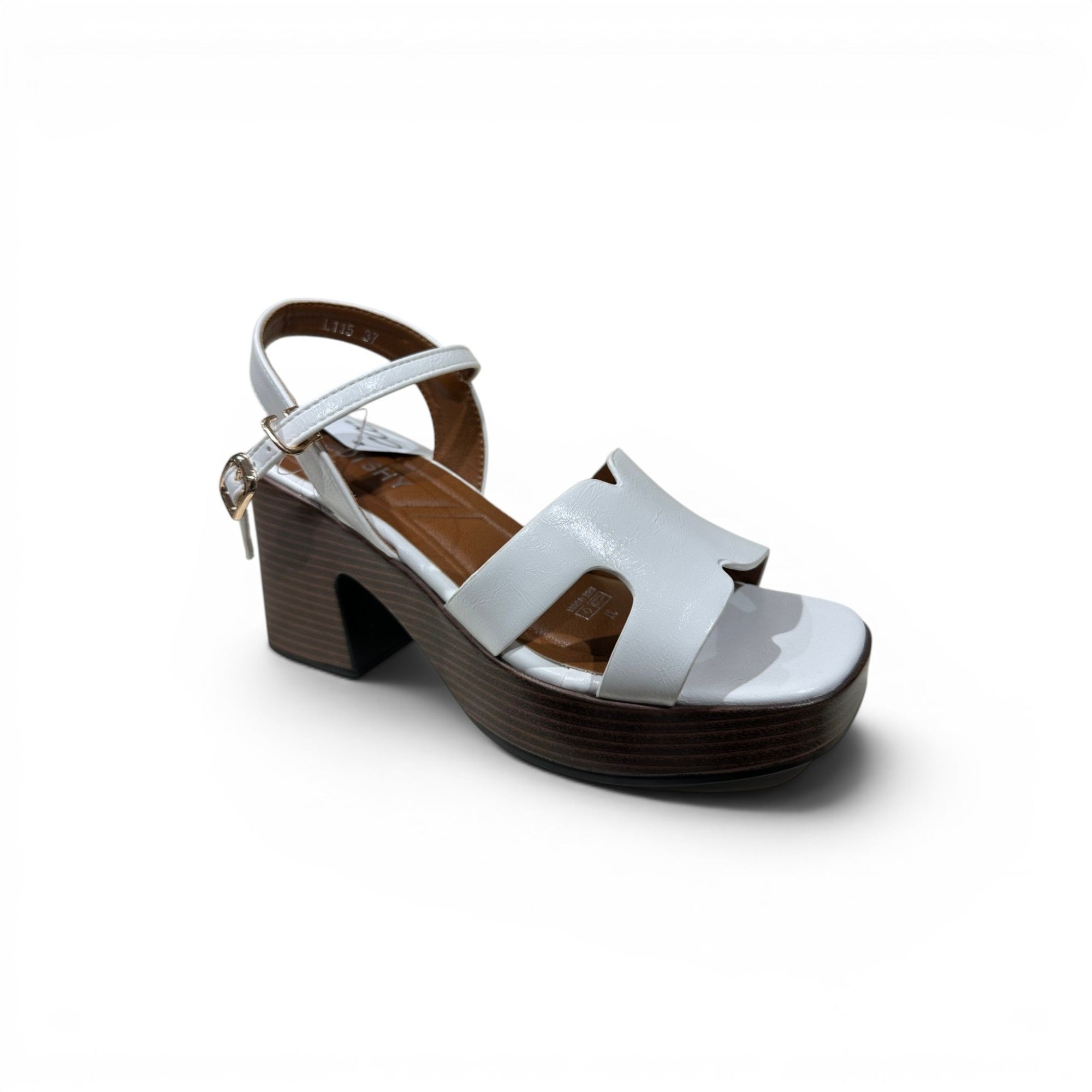 COC Store white faux leather platform block heel sandals with ankle strap and wooden-effect heel.