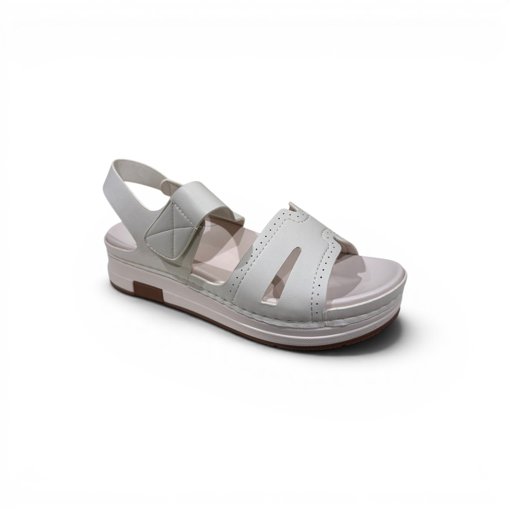 COC Store white faux leather platform sandals with adjustable hook-and-loop strap and open-toe design.