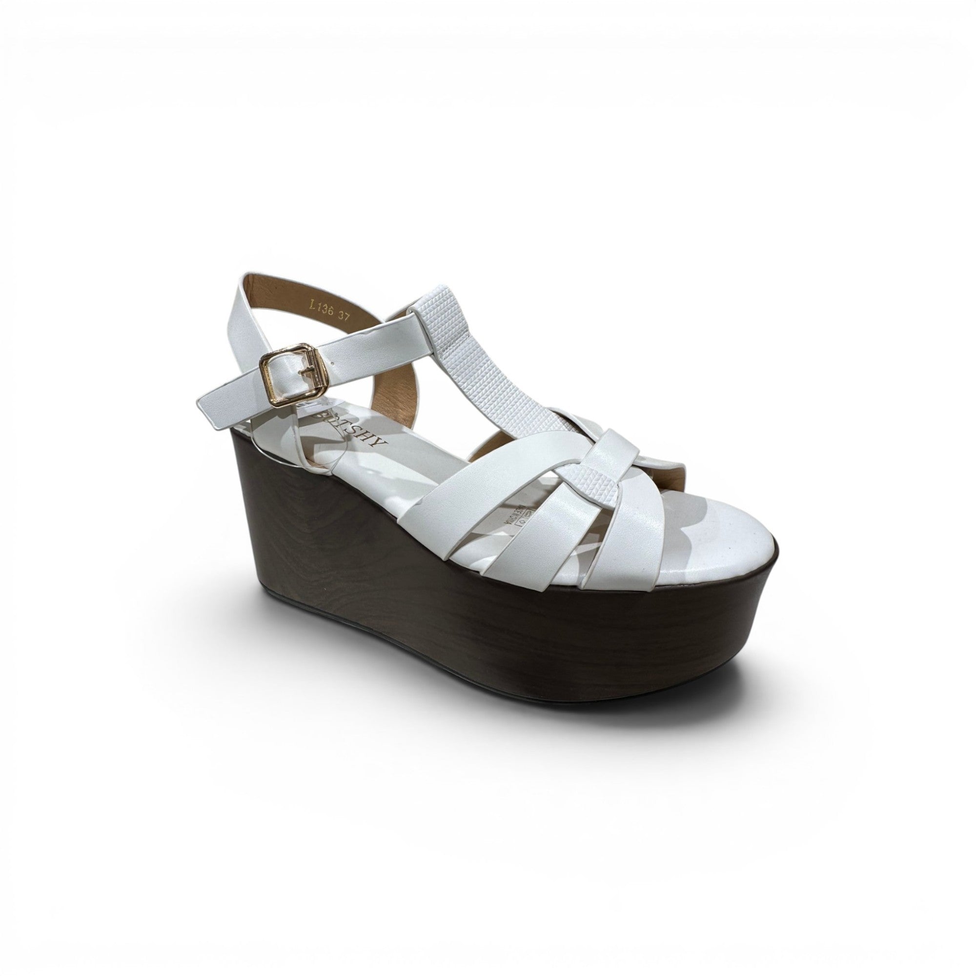 COC Store white platform wedge sandals with strappy upper and wood-effect heel. Features T-strap and ankle buckle.